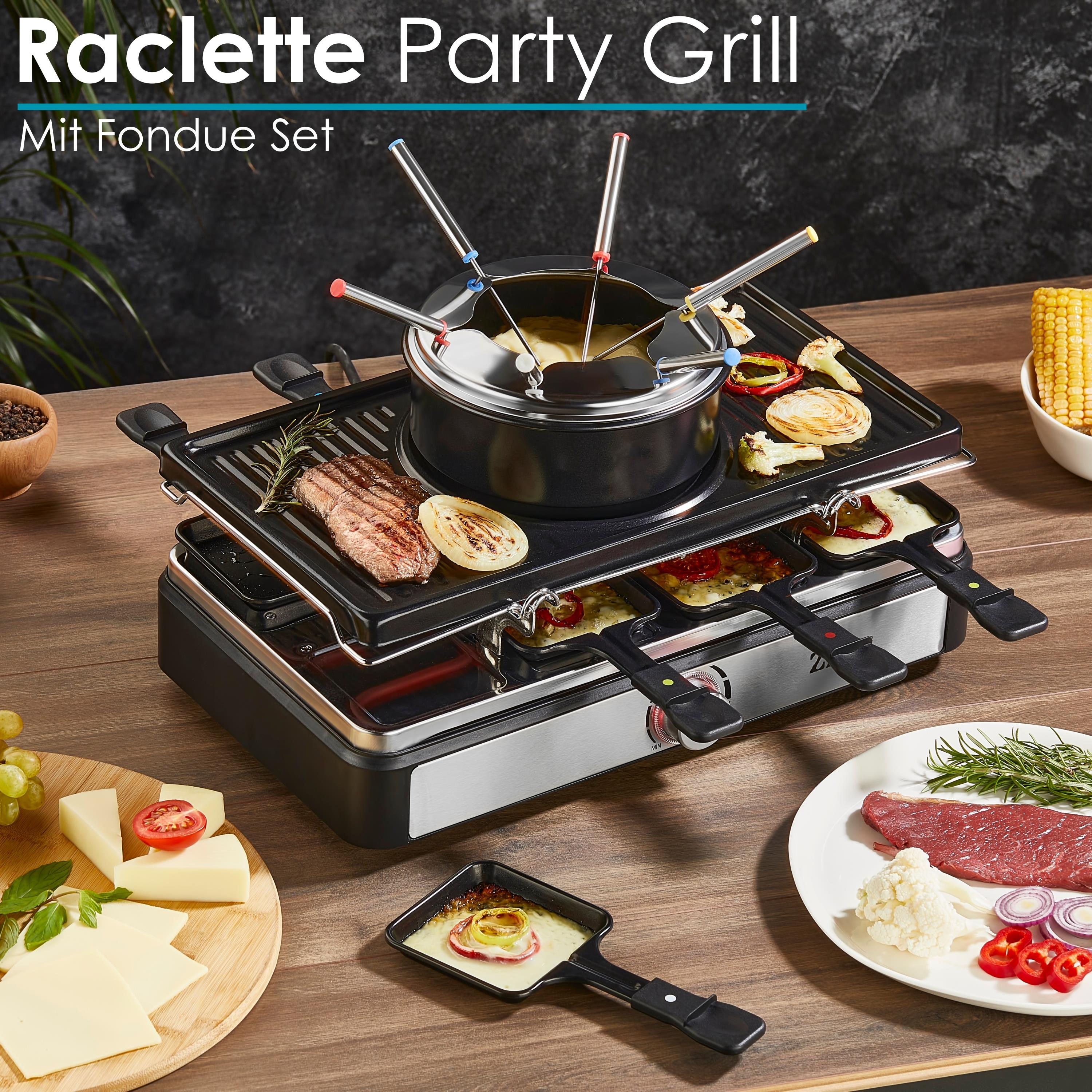 Ein Raclette-Partygrill mit Essen: Fleisch, Käse, Gemüse und Fondue-Topf mit Spießen.