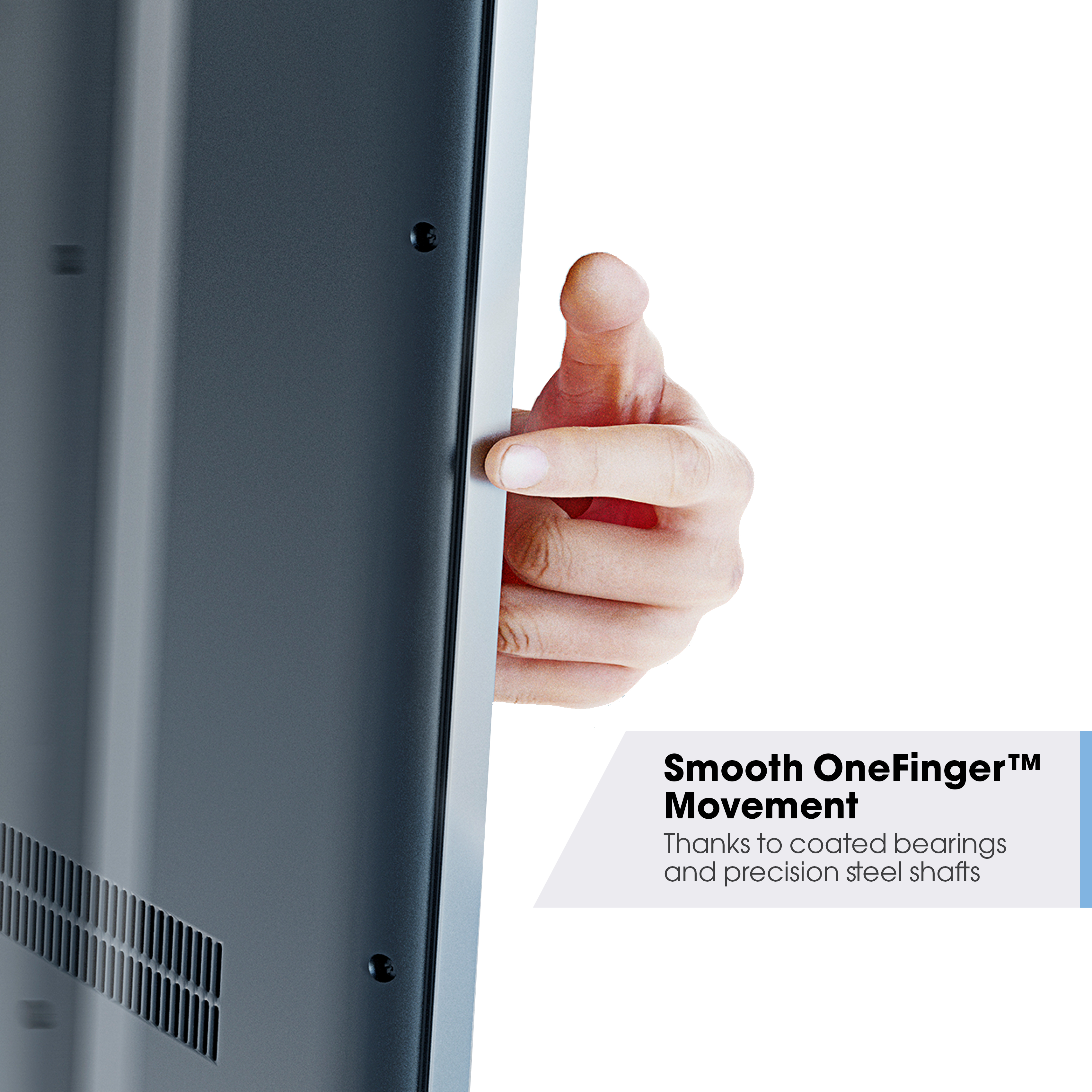 Ręka dotykająca urządzenia. Szare urządzenie z blokiem tekstu, który mówi o płynnym ruchu.