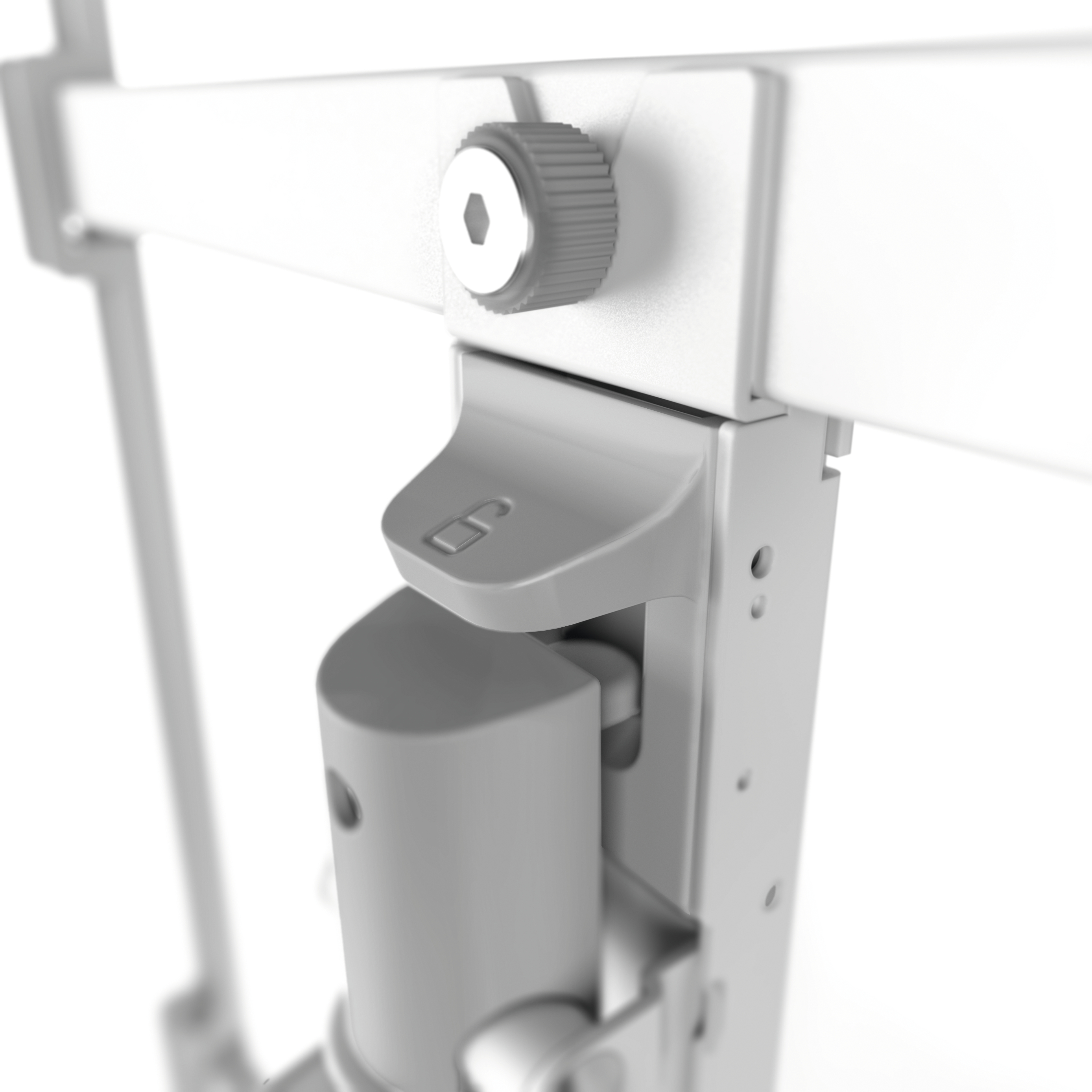 Zbliżenie szarego mechanizmu na białej konstrukcji. Wydaje się być elementem blokującym lub regulacyjnym.