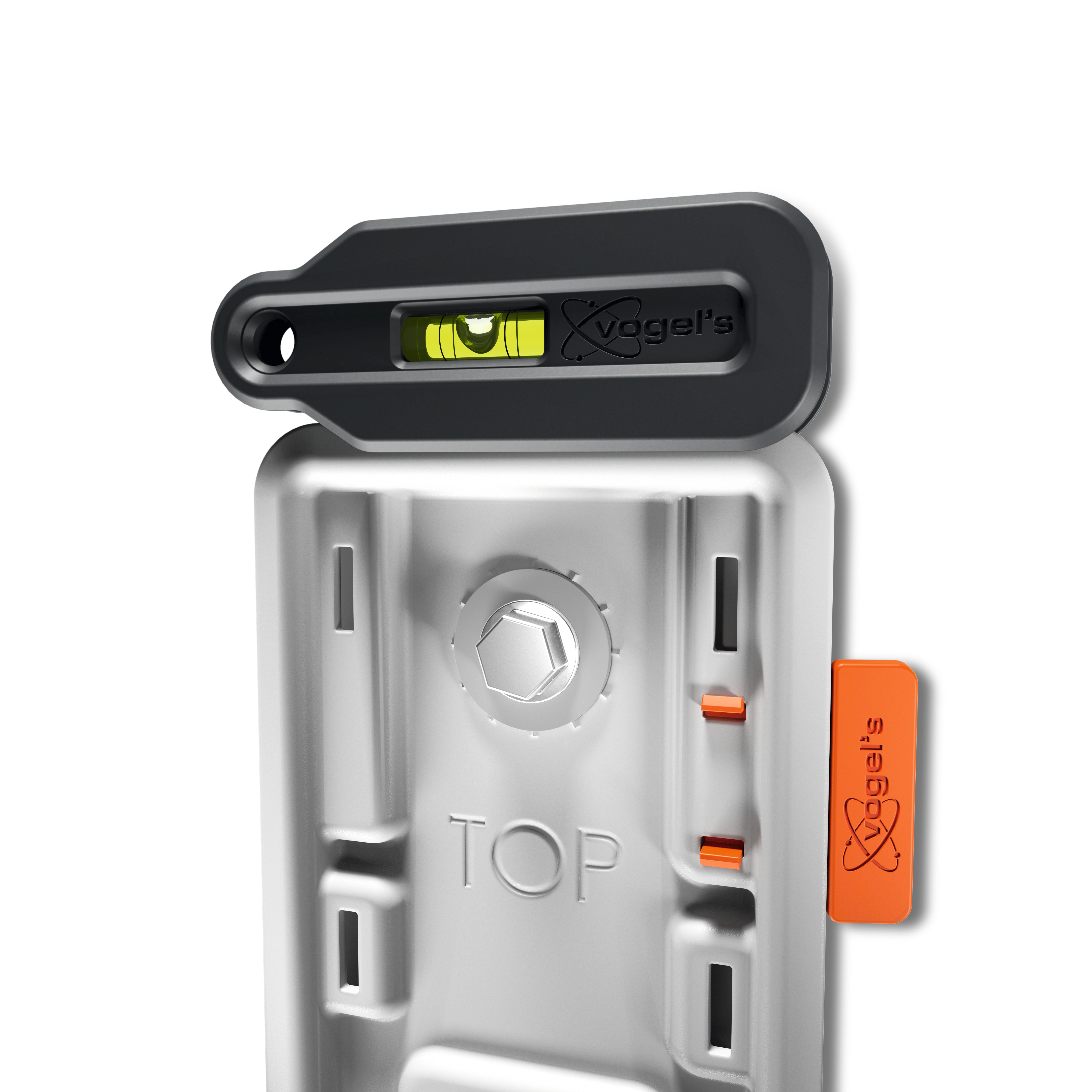 Poziomica na białej powierzchni, ze słowem TOP i logo.