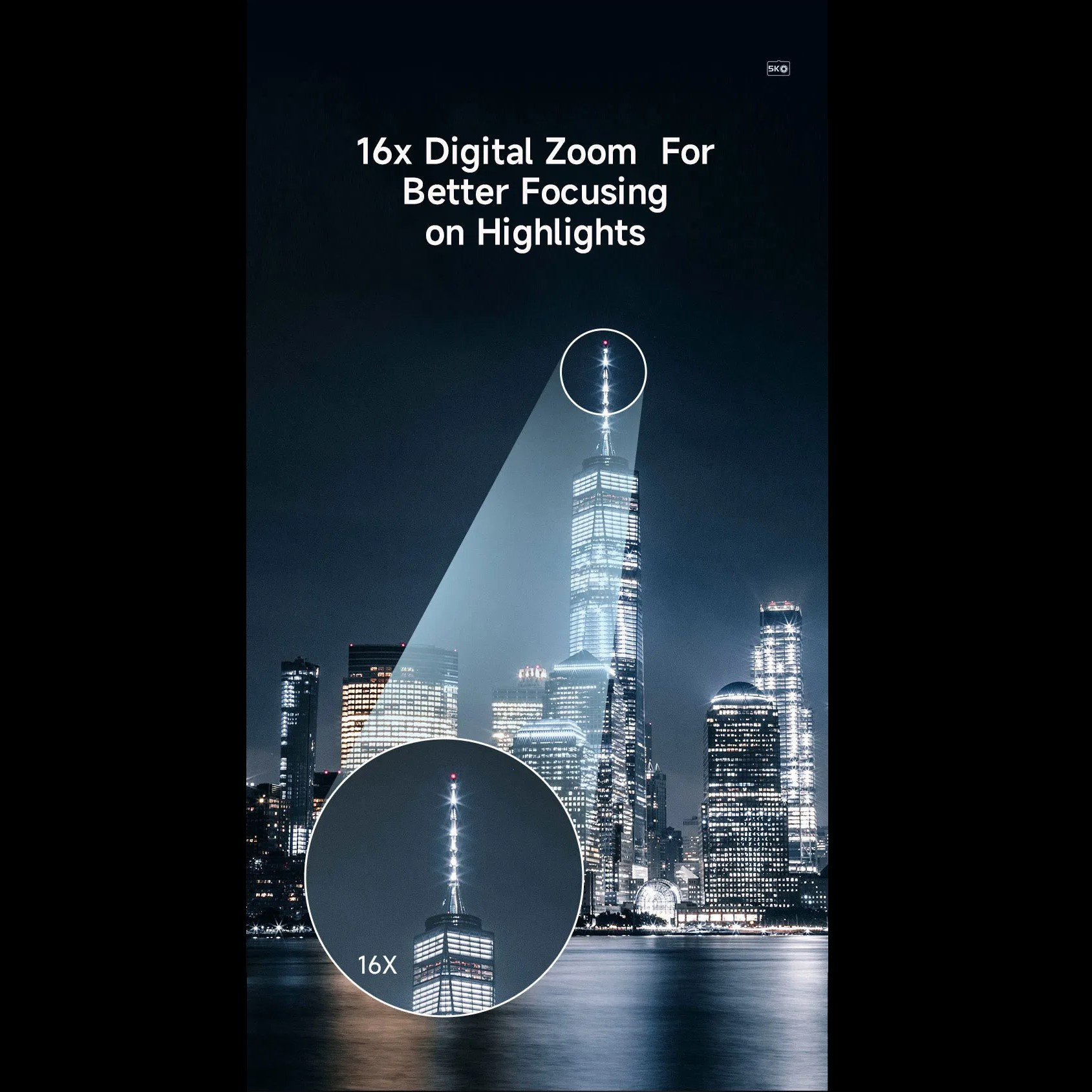 Scena nocna z drapaczami chmur, podkreślona efektem powiększenia na wysokim budynku.