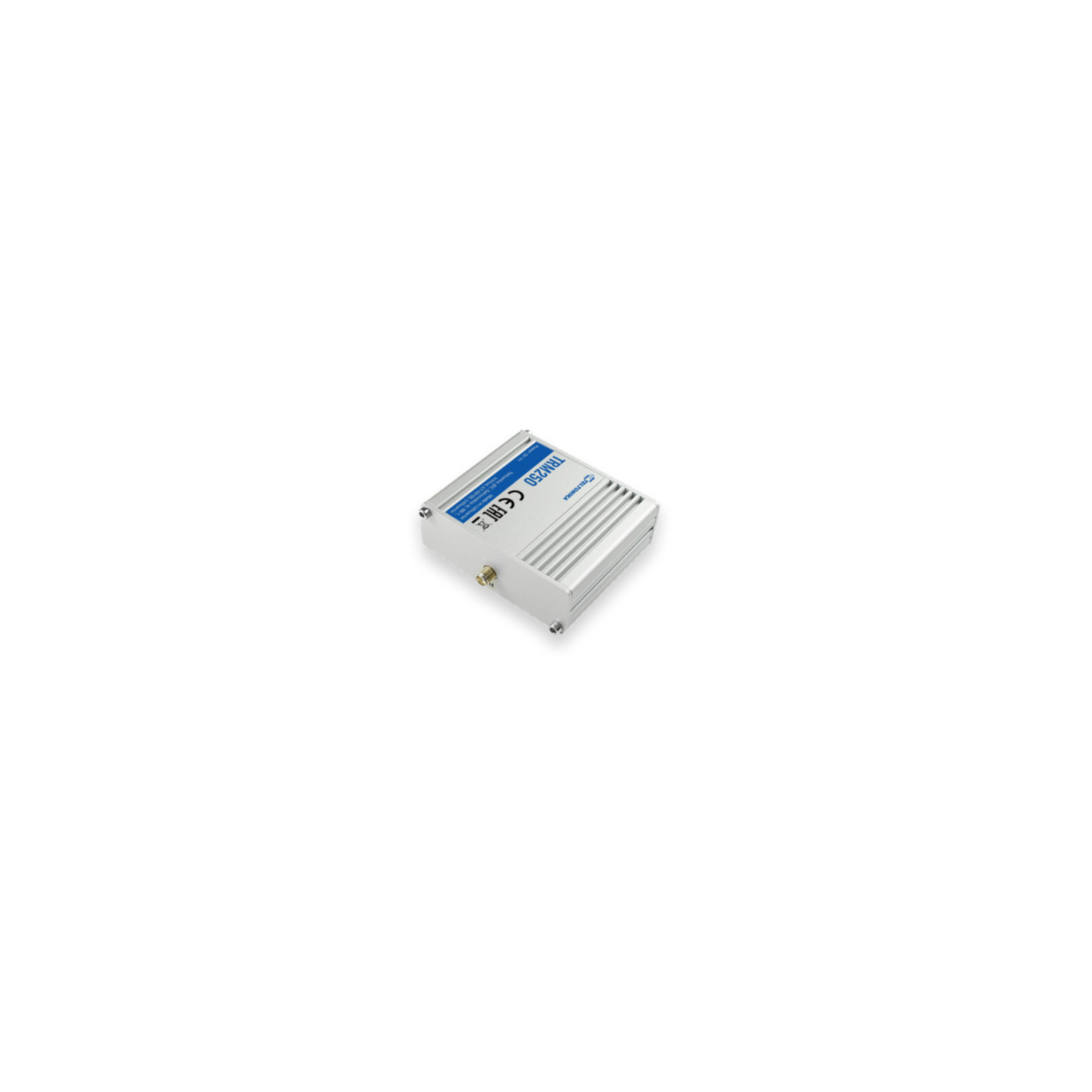 Een klein wit apparaat met een blauw label en een zilveren antenne.