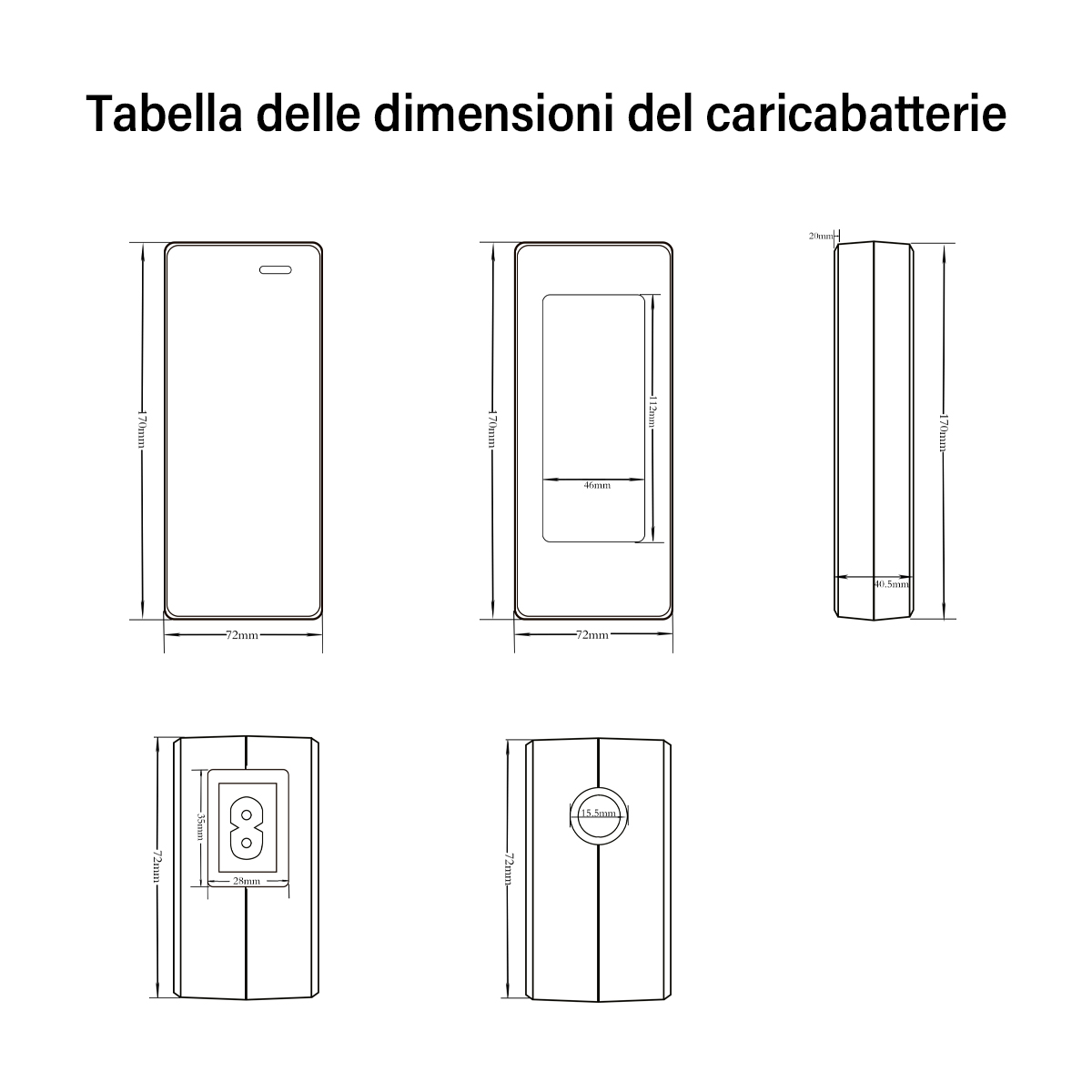Diagramma con dimensioni di un caricatore, che mostra viste frontali, laterali e superiori.