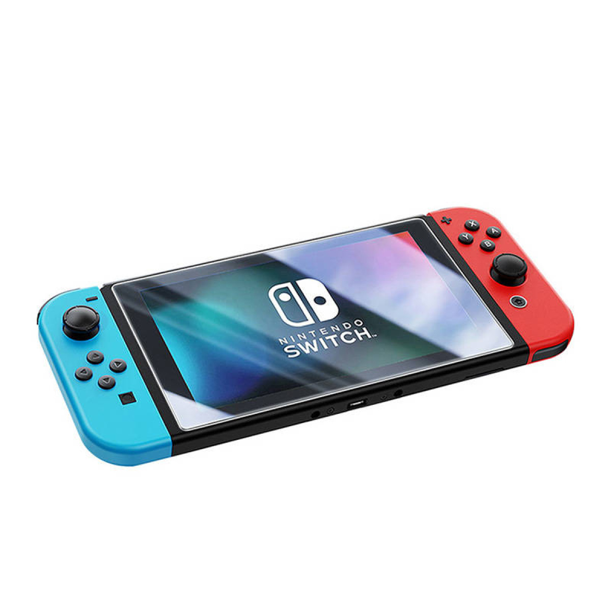 Console Nintendo Switch con joy-con rossi e blu, protezione schermo applicata.