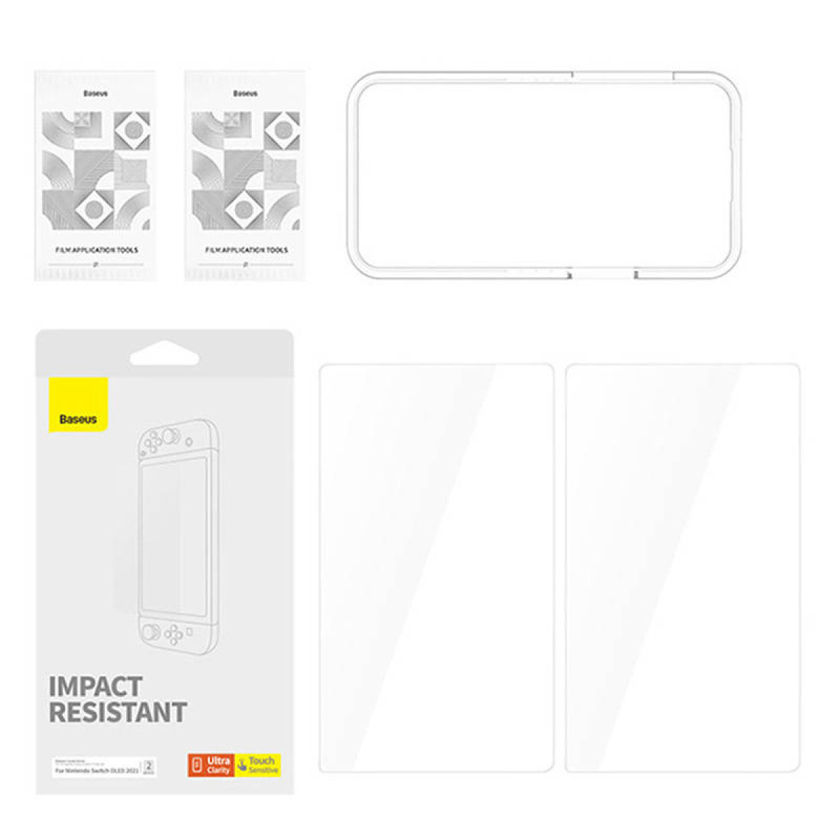 Diversi proteggi schermo e confezioni. Testo: Resistente agli urti, Ultra Clarity, Touch Sensitive.