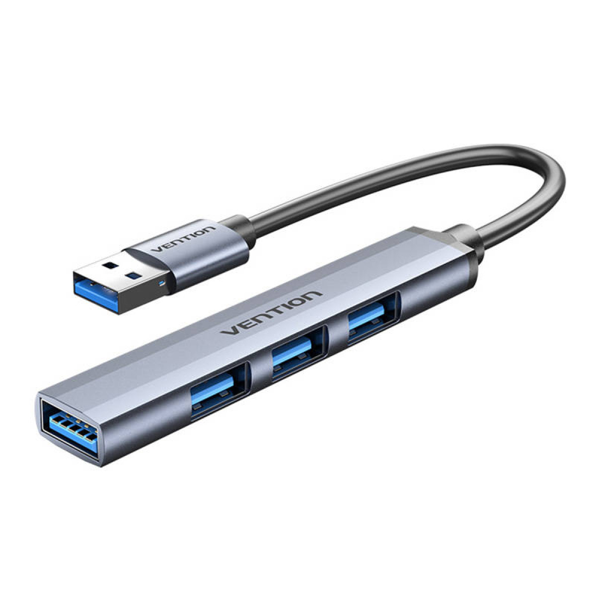 Ein silberner Vention USB-Hub mit vier blauen USB-Anschlüssen und einem blauen USB-Stecker.