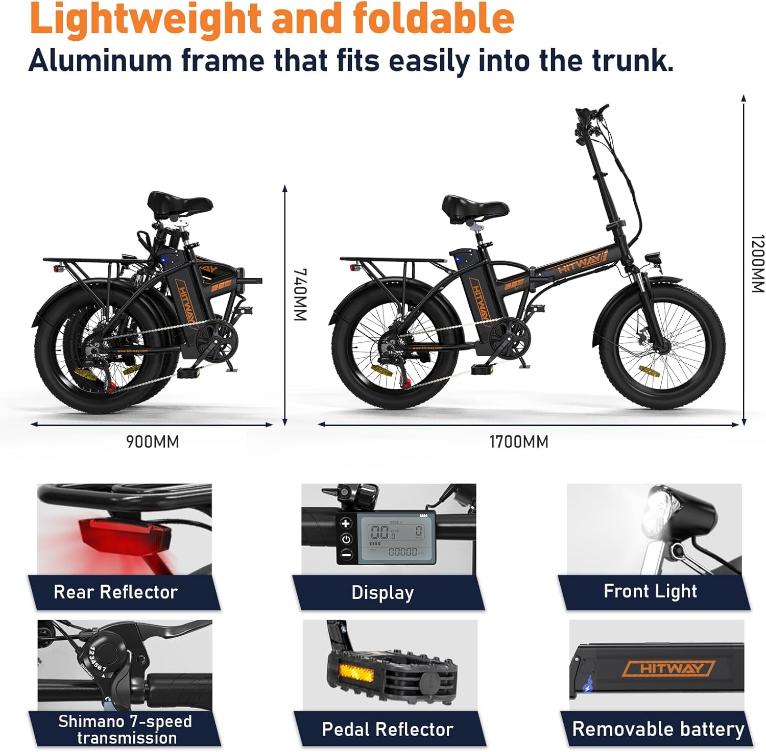 L'immagine mostra una bici elettrica pieghevole nera. Ha un catarifrangente posteriore, display, luce anteriore e batteria.