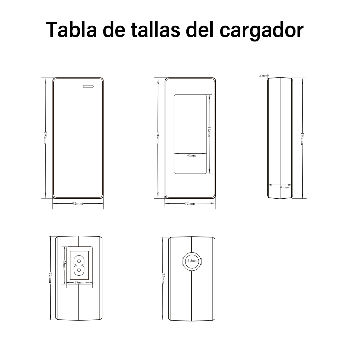 Diagrama de un cargador con dimensiones en mm. Vistas múltiples: frontal, lateral y superior con medidas.