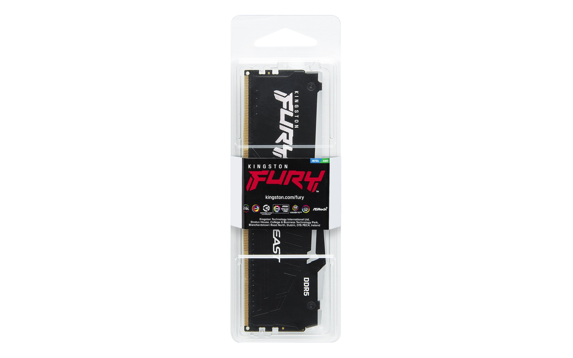 Pamięć RAM Kingston Fury DDR5 w przezroczystym plastikowym opakowaniu z czarno-białym brandingiem.