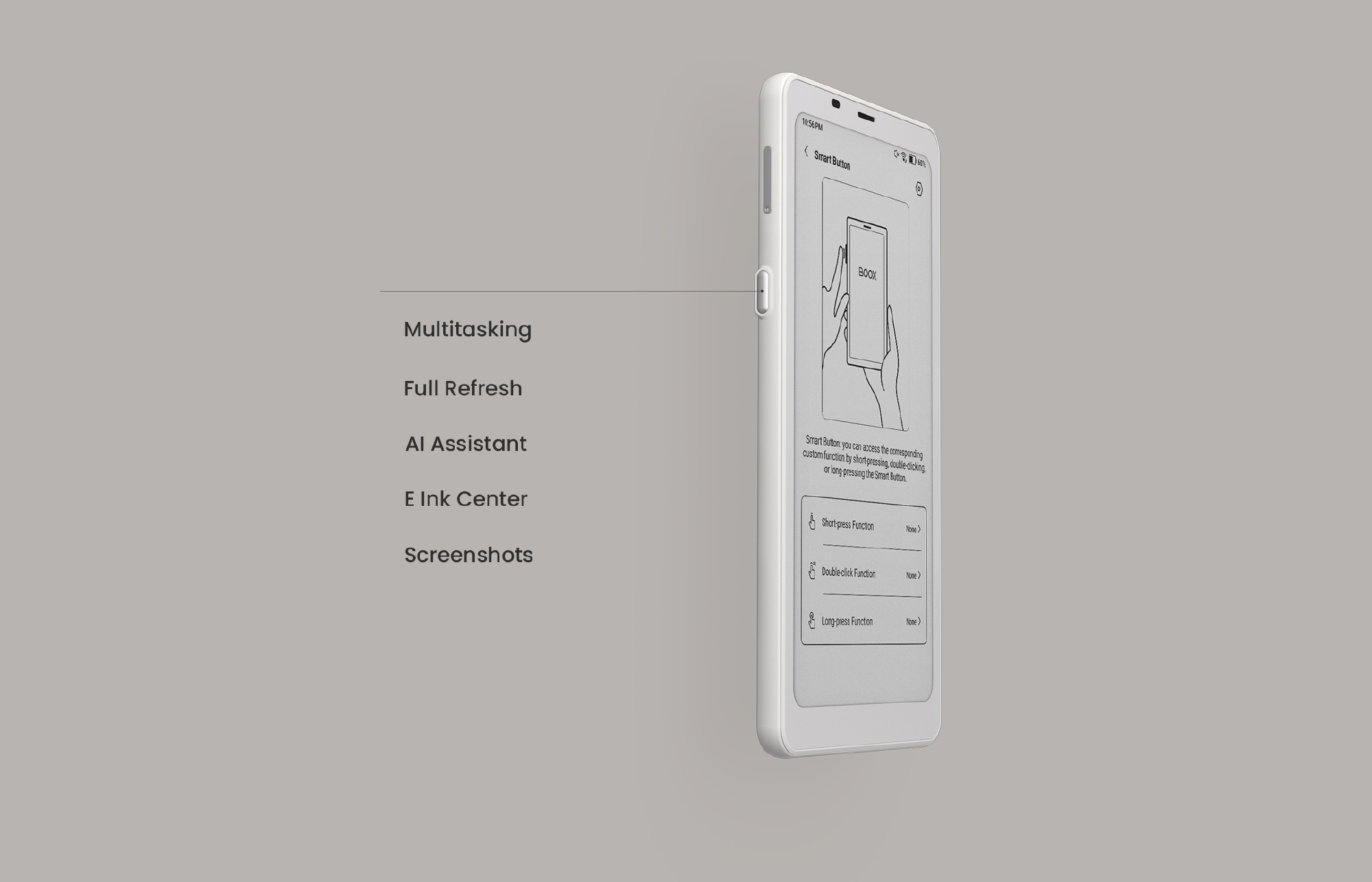 Biały smartfon z funkcją Smart Button, pokazujący wielozadaniowość, odświeżanie, AI i funkcje E Ink Center.