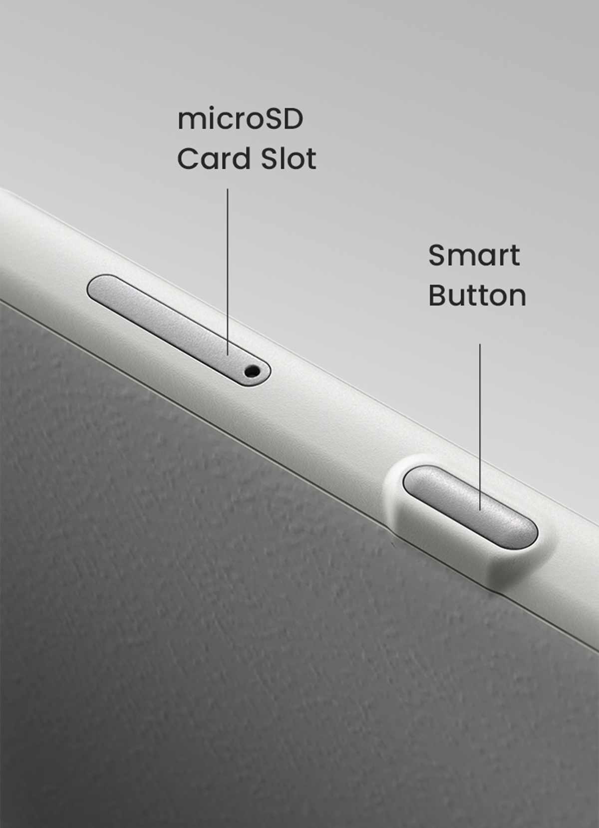 Bok telefonu. Pokazuje gniazdo karty microSD i inteligentny przycisk. Tekst opisuje funkcje.