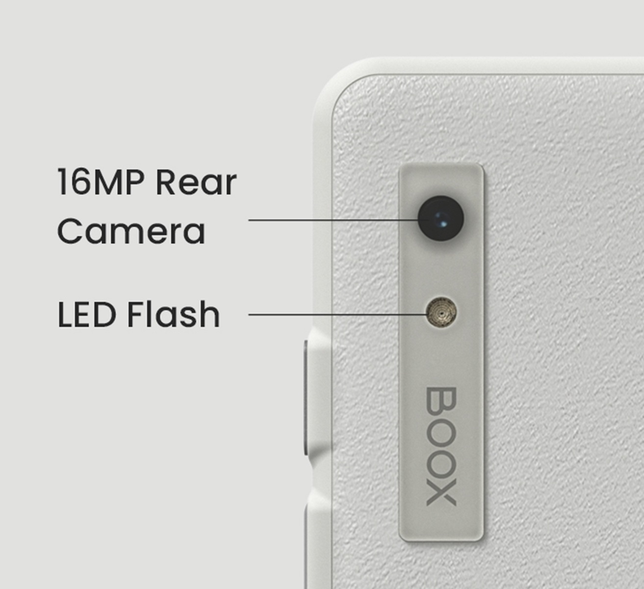Primer plano de la parte trasera de un teléfono blanco. Muestra cámara y flash LED con BOOX.