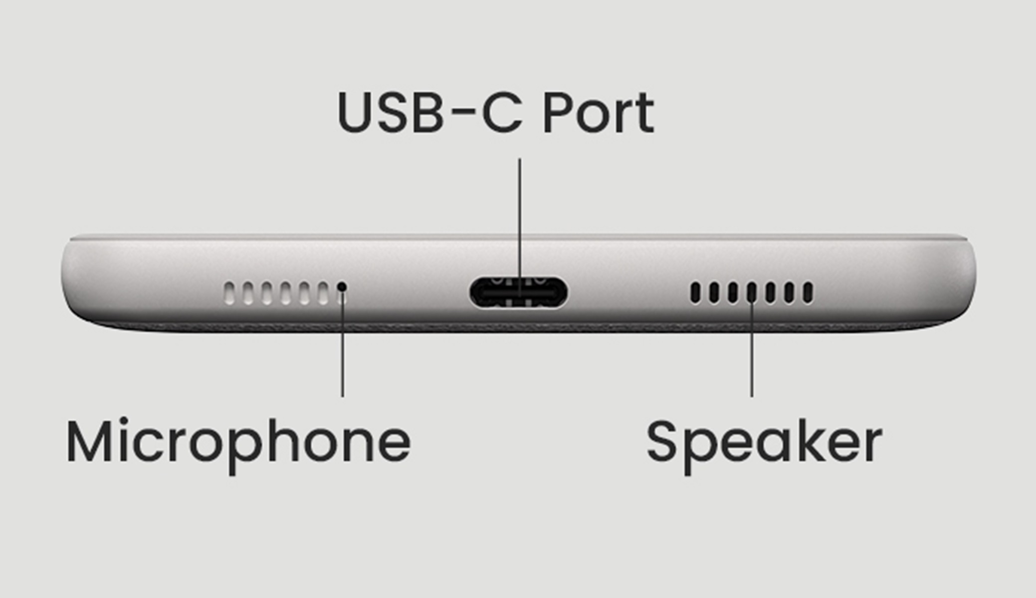 Parte inferior del teléfono mostrando micrófono, puerto USB-C y altavoz.