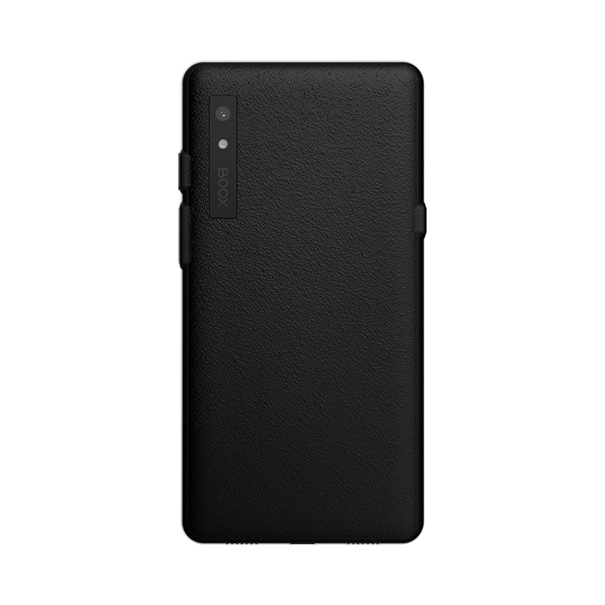 Czarny smartfon, pokazujący tył z teksturowaną powierzchnią i aparatem.