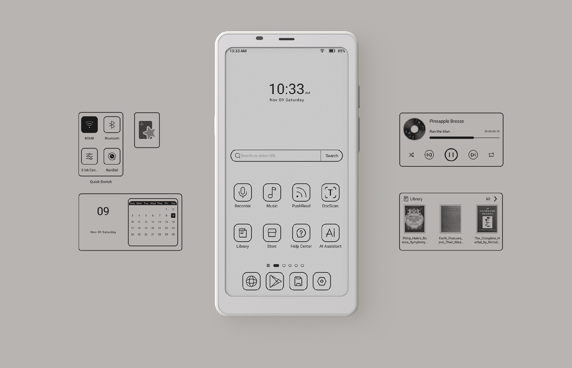 Biały smartfon z interfejsem cyfrowym wyświetlany na szarej powierzchni.