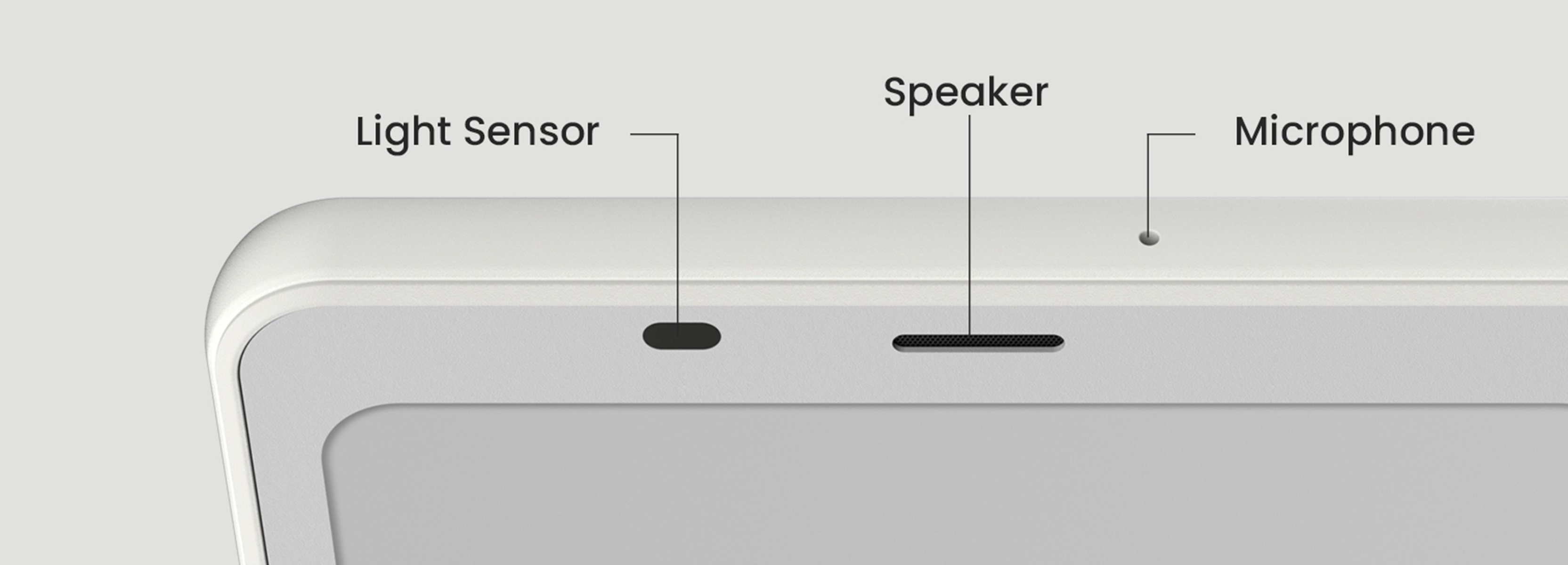 Zbliżenie białego urządzenia z czujnikiem światła, głośnikiem i mikrofonem.