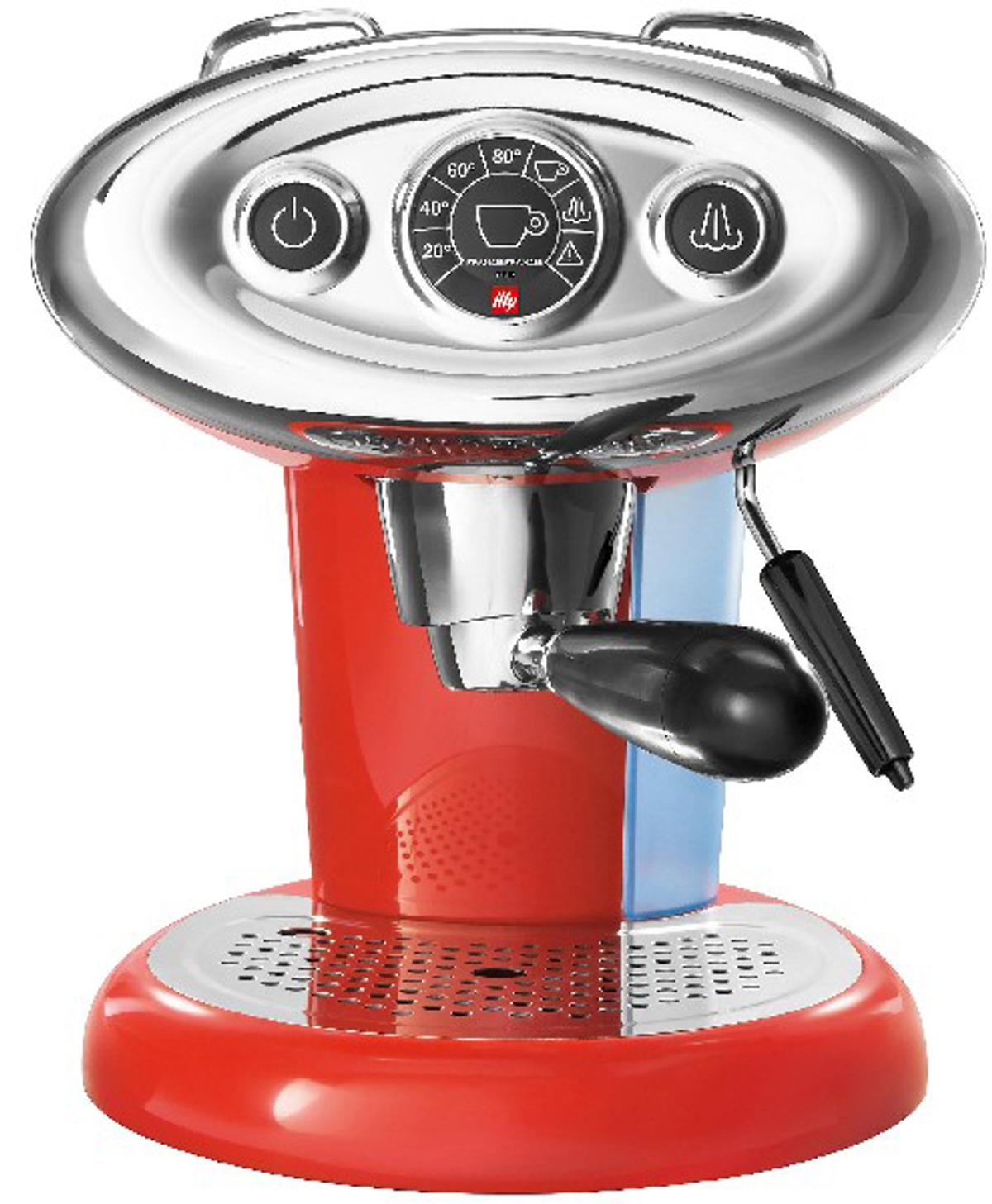 Czerwono-srebrny ekspres do kawy z pokrętłami i czarnym uchwytem. Niebieski panel boczny.