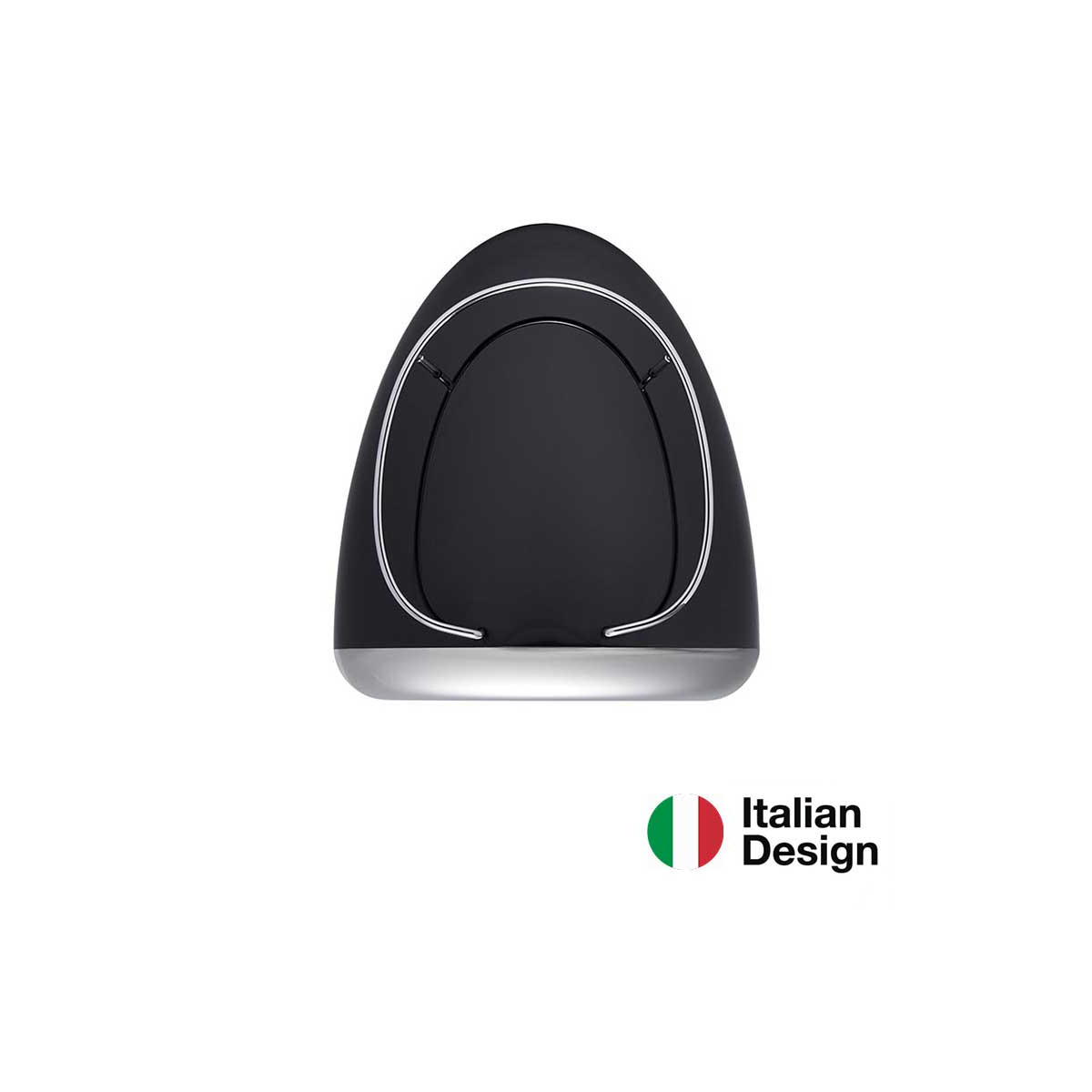 Czarny kosz na śmieci ze srebrną obwódką i metalową podstawą na białym tle. Włoski design.