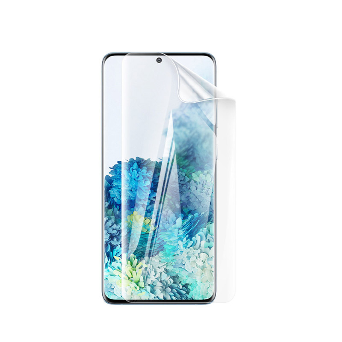 Un telefono con una protezione per lo schermo in applicazione, sfondo bianco.