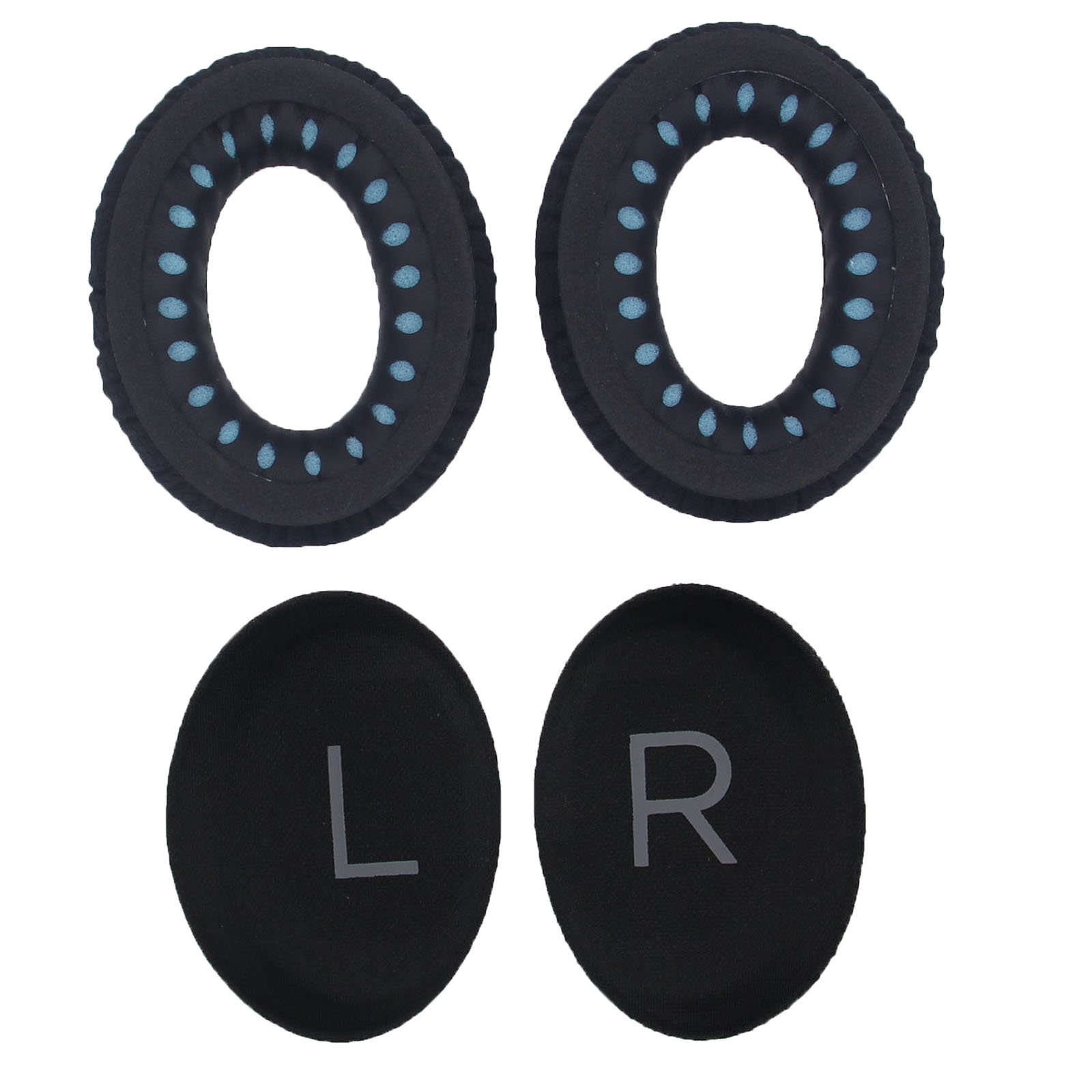 Dwie pary czarnych nauszników do słuchawek. Jedna para z niebieską siatką, druga pełna. Białe tło.