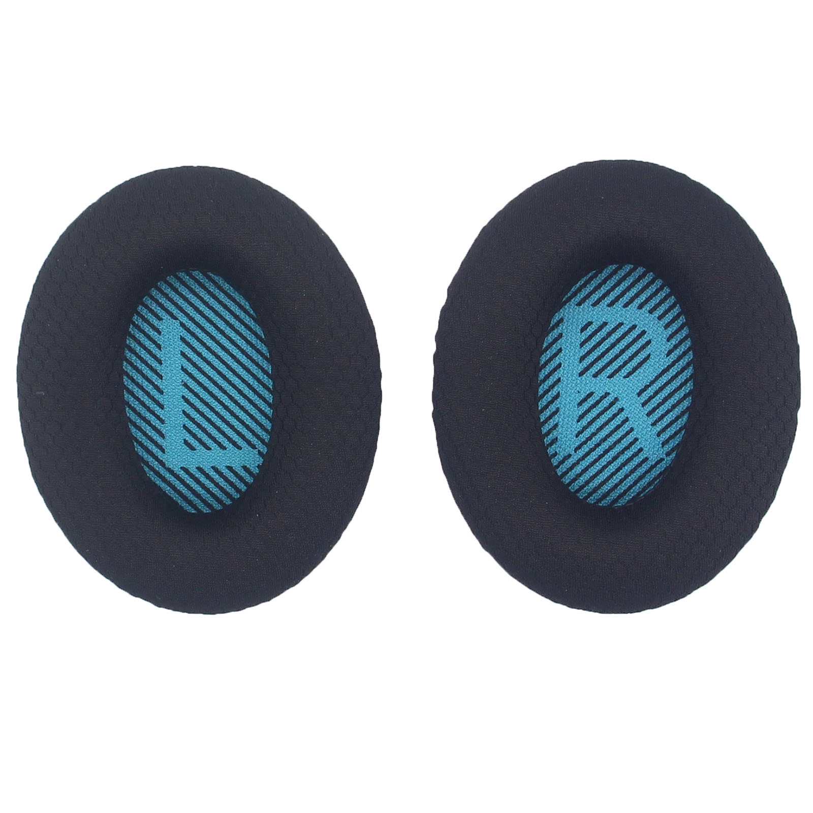 Twee zwarte oorkussens voor koptelefoons met blauwe accenten en de letters 'L' en 'R'.