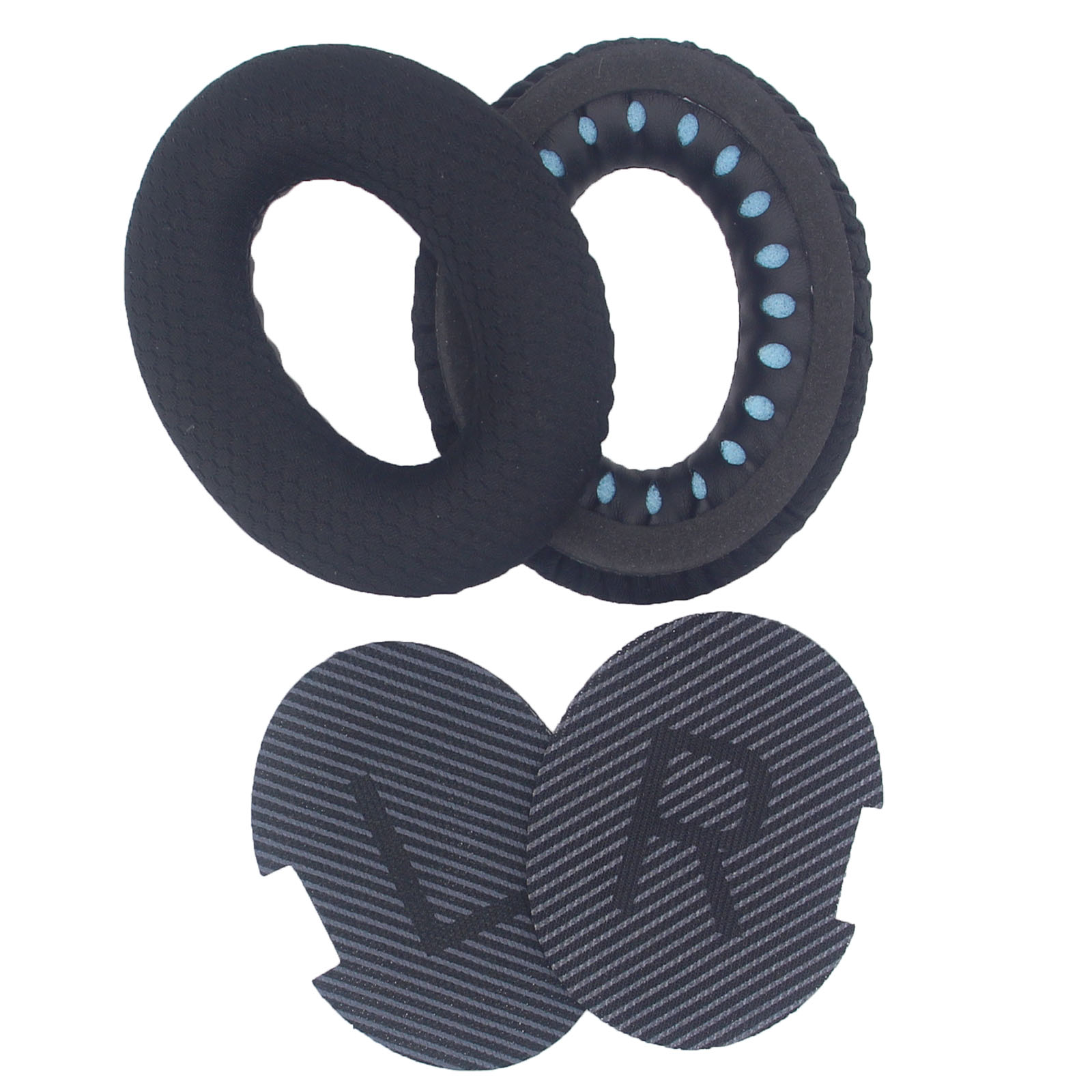 Para czarnych nauszników do słuchawek i dwie okrągłe podkładki ze znakami 'L' i 'R' na białym tle.