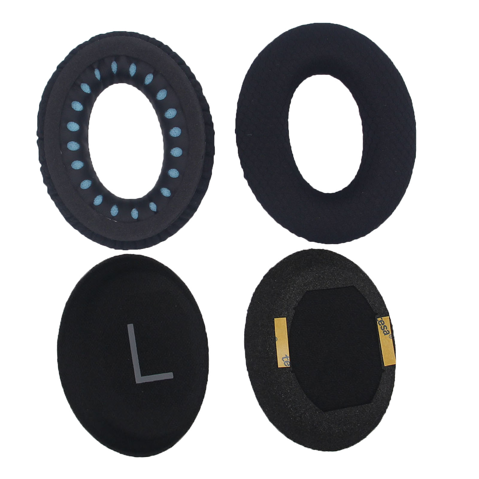 Cztery nauszniki do słuchawek. Dwa są zmontowane, dwa zdemontowane. Czarne z niebieskimi i szarymi detalami.