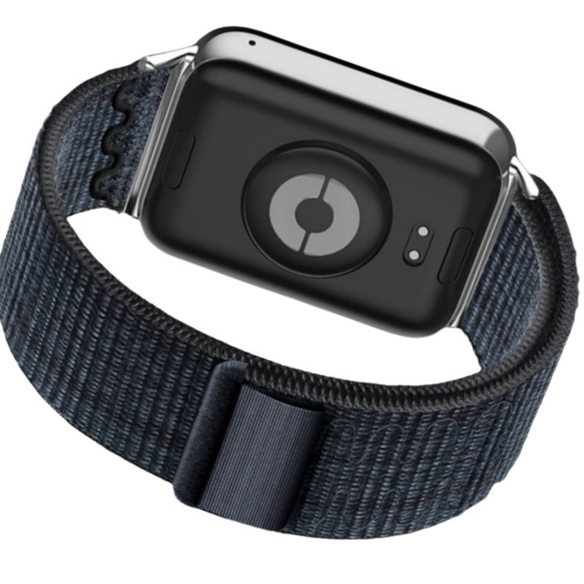 È mostrato uno smartwatch nero con un cinturino in tessuto nero e blu.