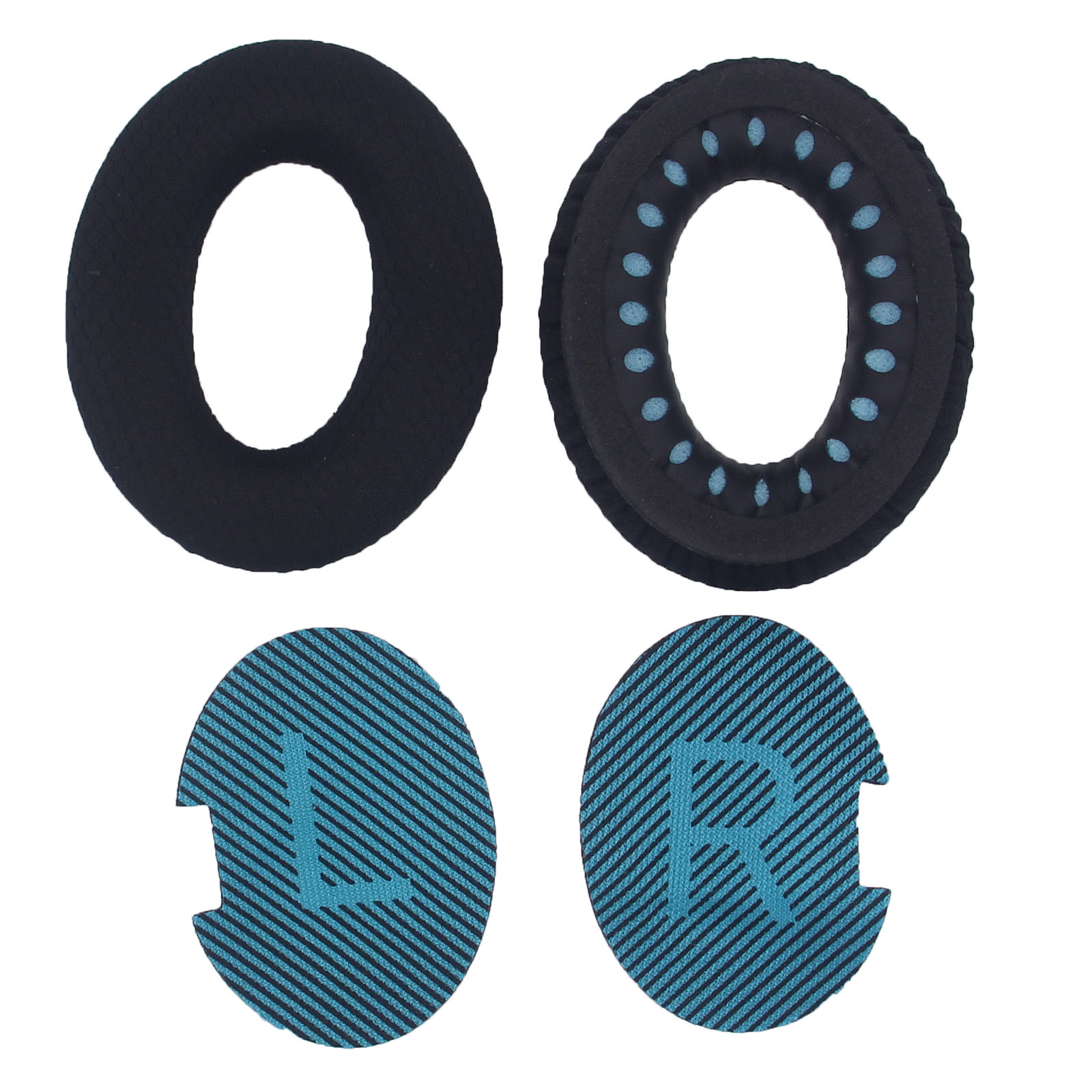 Oorkussens en onderdelen. Twee oorkussens met zwarte stof en twee blauw gevoerde onderdelen met letters.
