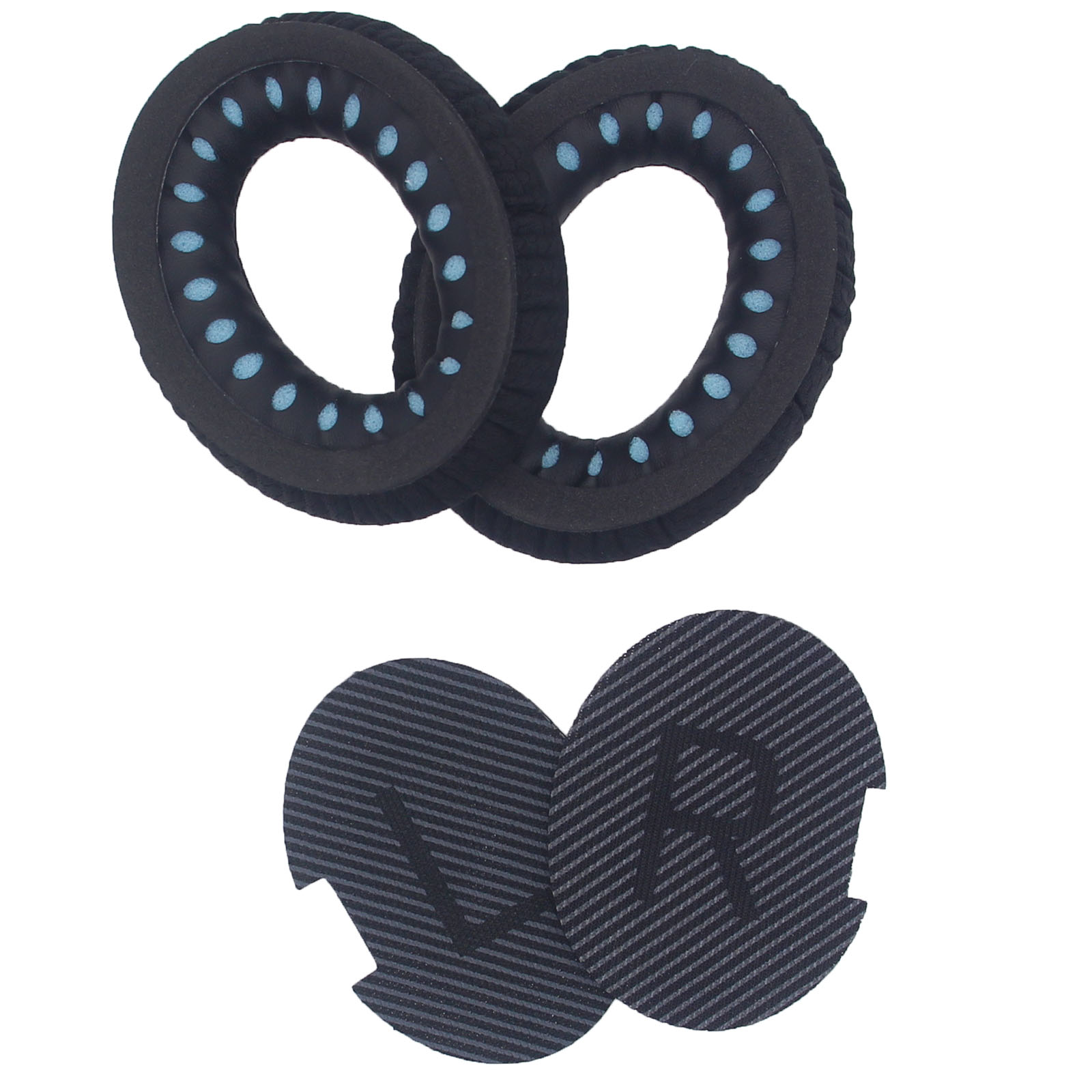 Dwie czarne poduszki nauszne do słuchawek i dwie czarne poduszki materiałowe z literami L i R.