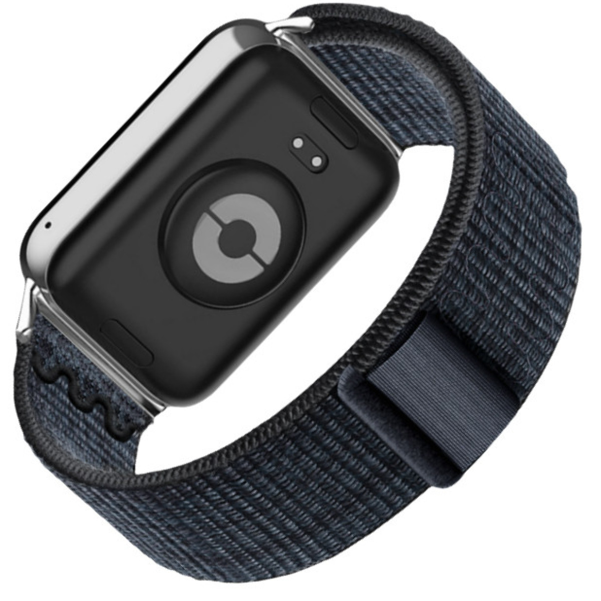 Smartwatch nero con cinturino in tessuto blu scuro. Il retro dell'orologio ha un design a cerchio centrale.