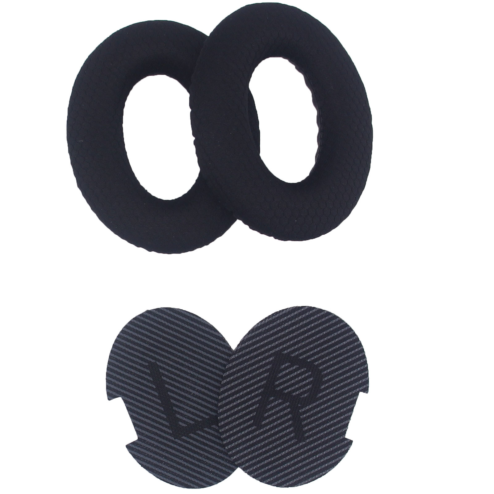 Dwie czarne nauszniki i dwie czarne nauszniki z literami L i R na białym tle.