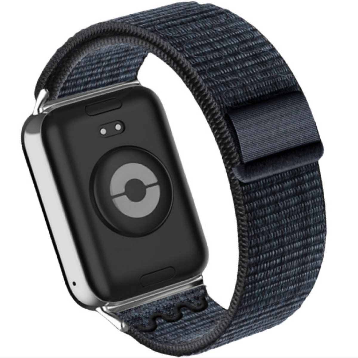 Retro smart watch nero con cornice argentata e cinturino nero. Il cinturino è chiuso con velcro.