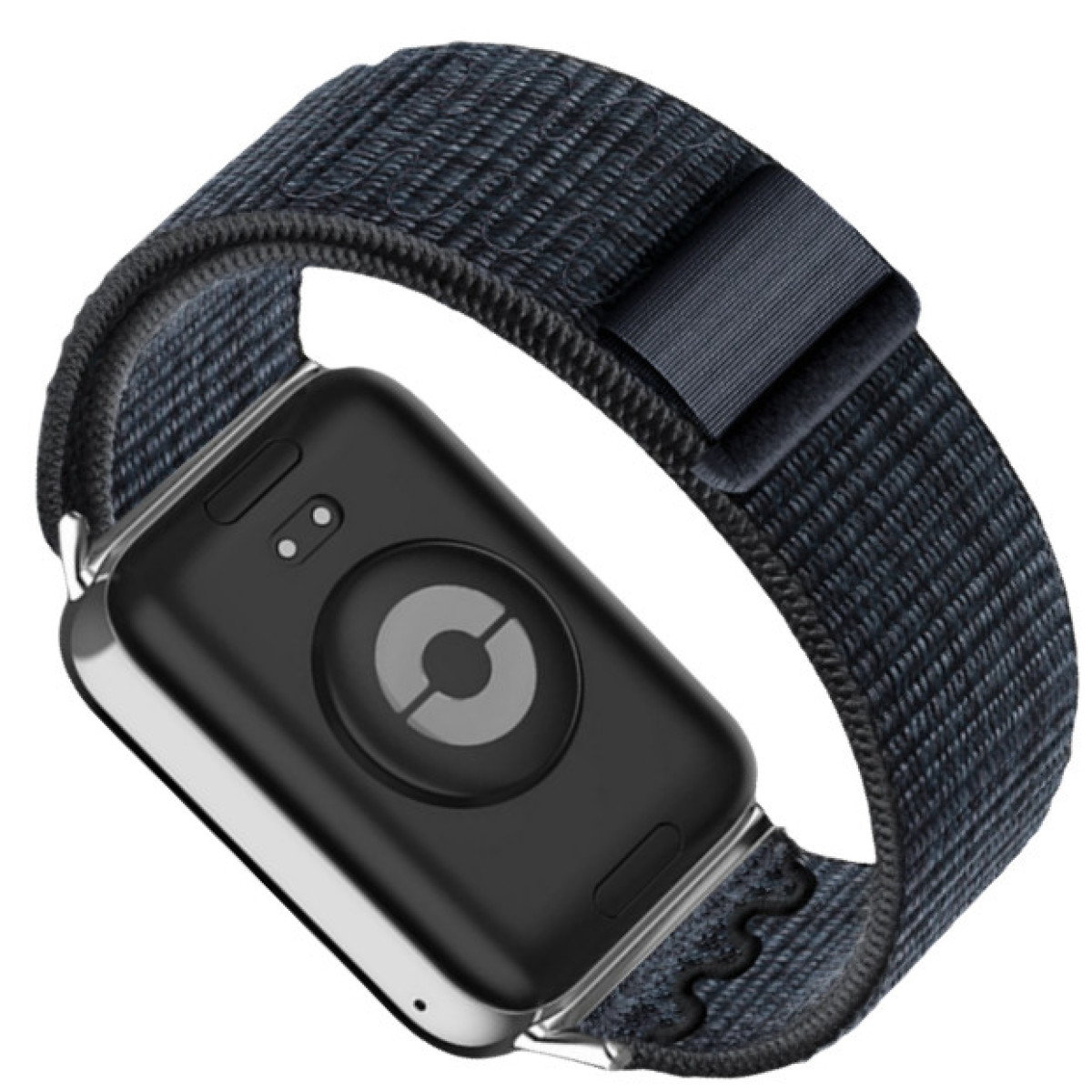 Smartwatch. Uno smartwatch nero con cinturino blu navy su sfondo bianco.