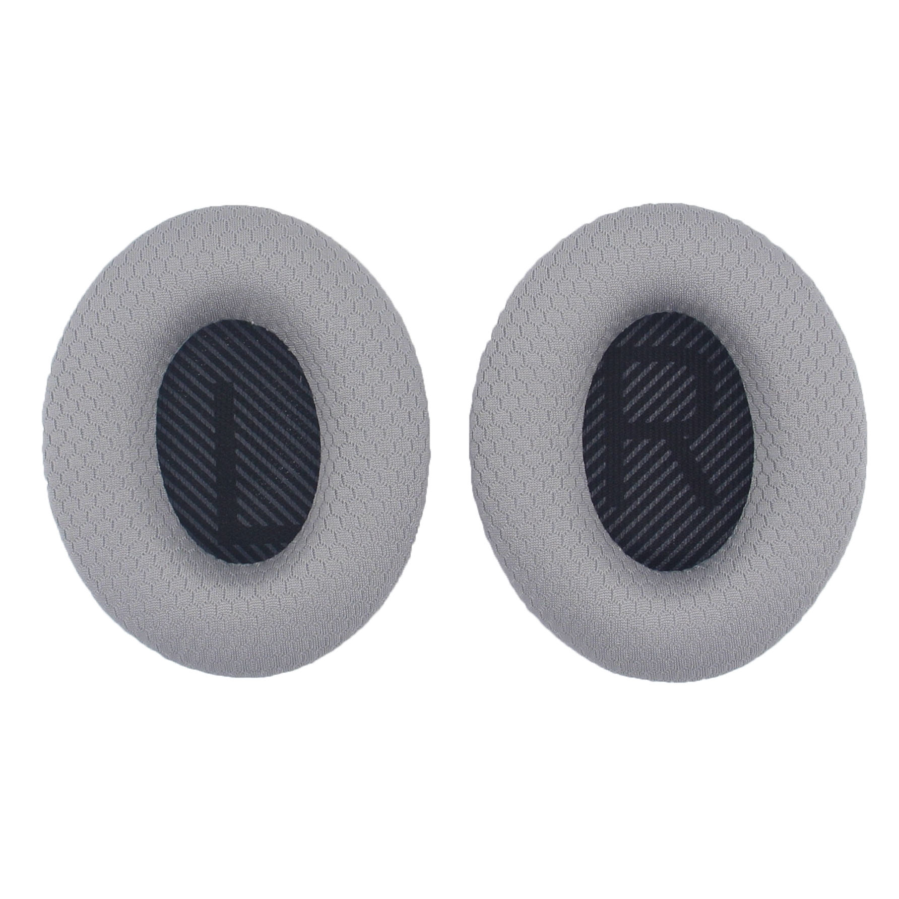 Due cuscinetti ovali grigi per cuffie con tessuto interno nero.