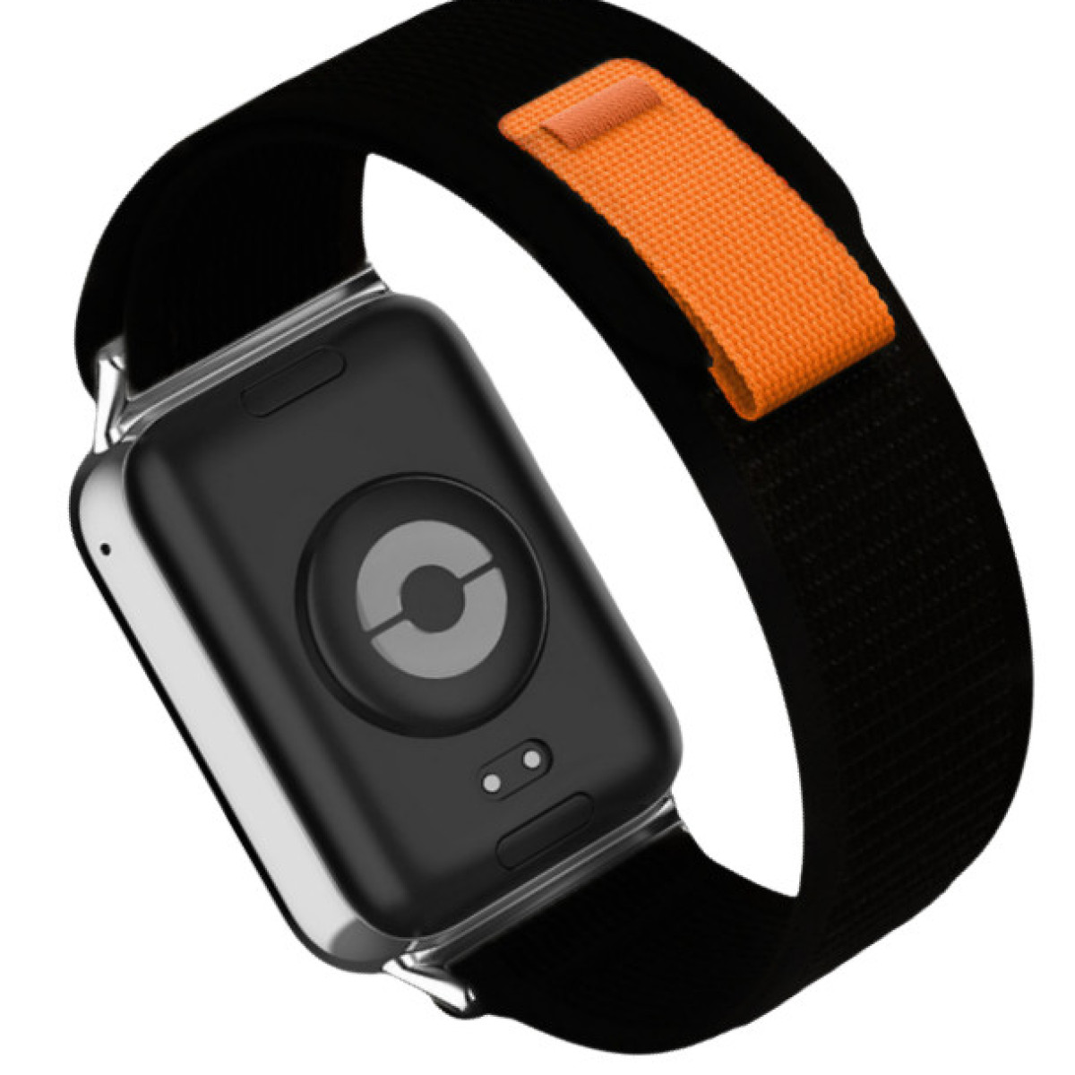 Smartwatch z czarnym paskiem i czarnym ekranem. Pasek ma pomarańczową część regulacyjną.