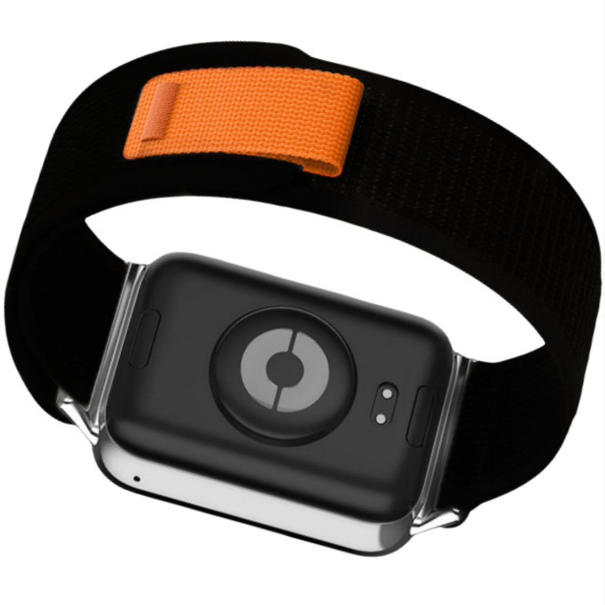 Czarny zegarek fitness z pomarańczowym paskiem.