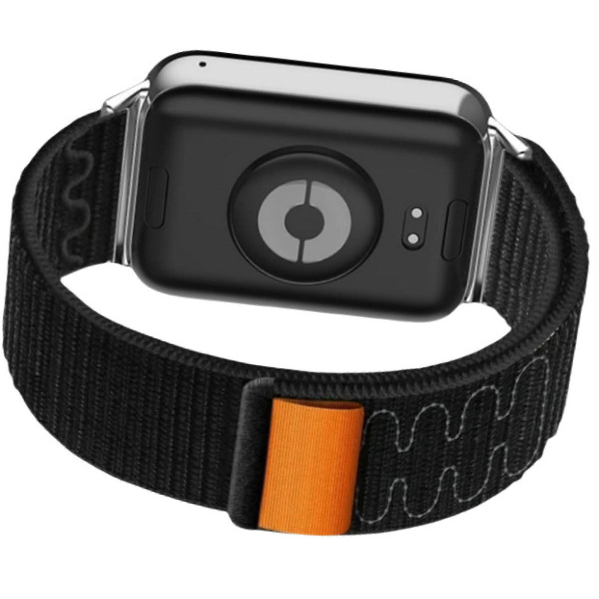 Smartwatch nera con cinturino nero e chiusura arancione. Il quadrante è nero.