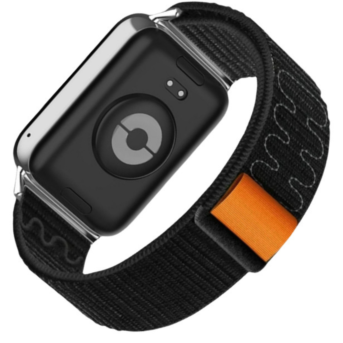 Smartwatch nero con cinturino in tessuto nero e arancione, vista angolata.