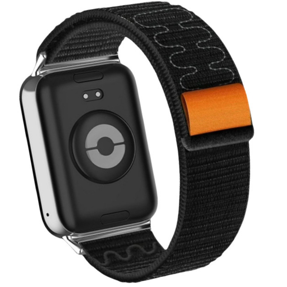 Smartwatch nera con cinturino nero, dettaglio arancione. Retro con cerchio e sensori. Cornice in metallo argentato.