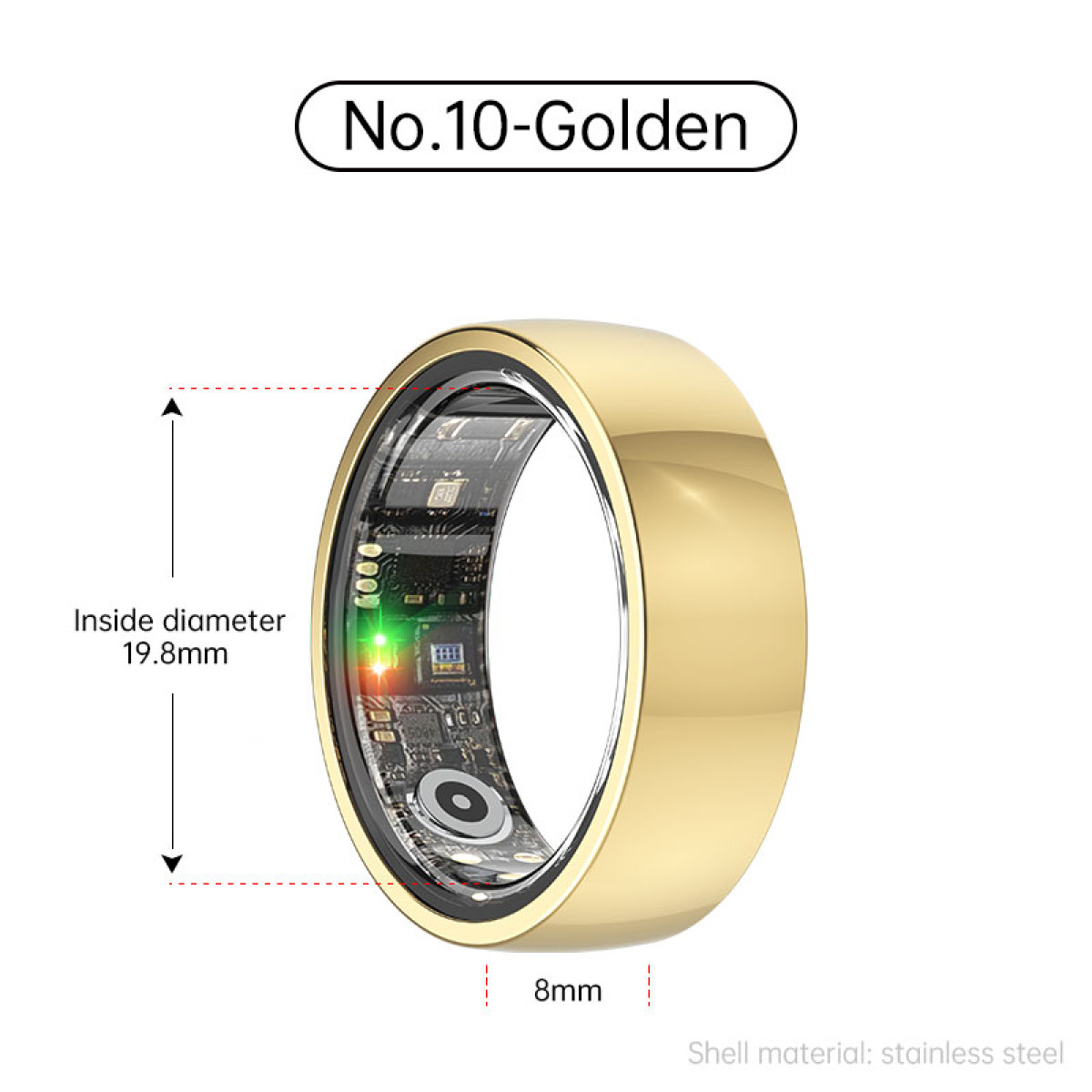 Goldener Smartring mit sichtbarer Elektronik und Maßen. Der Ring ist vor weißem Hintergrund.