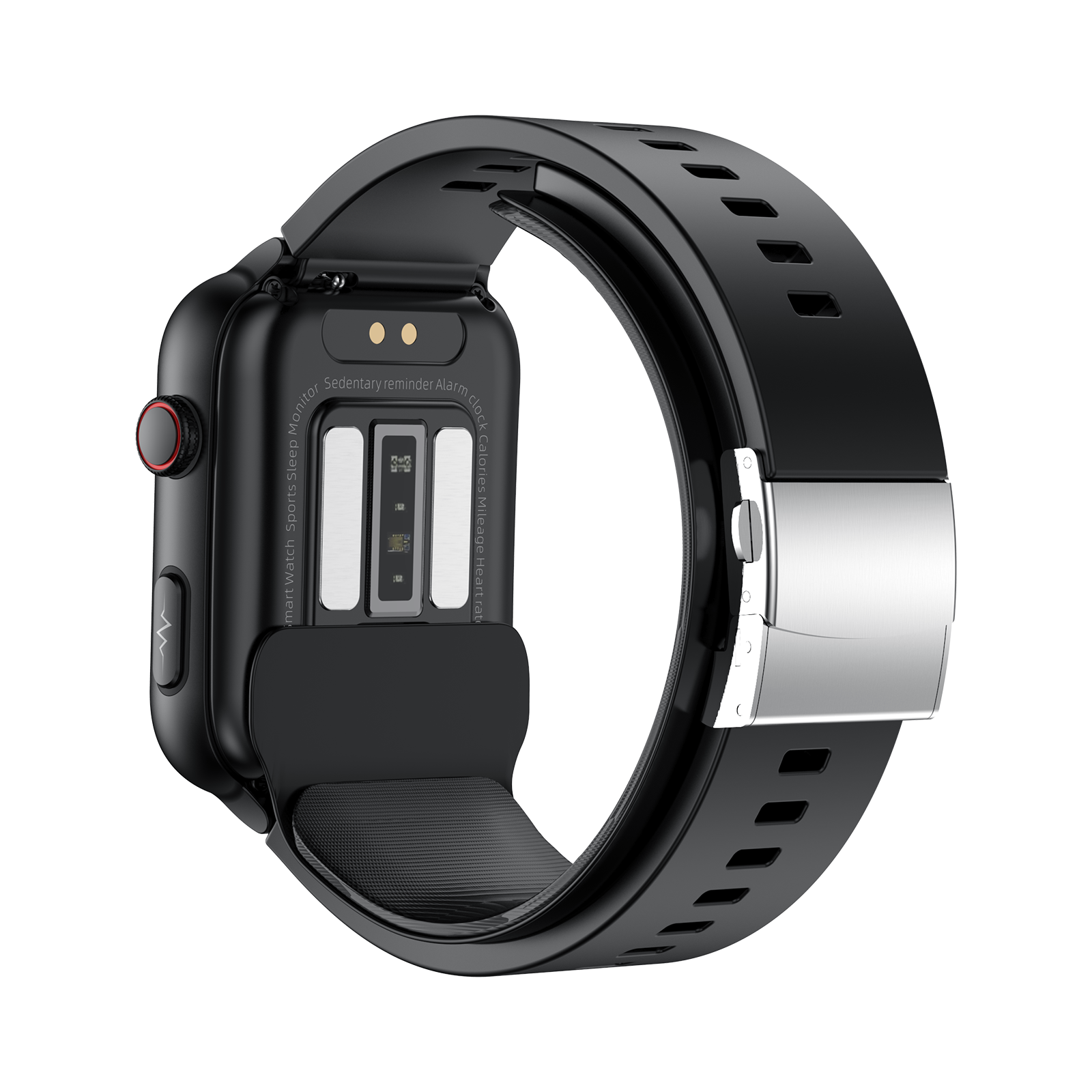 Czarny smartwatch z czarnym paskiem. Tył pokazuje czujniki i punkty ładowania.