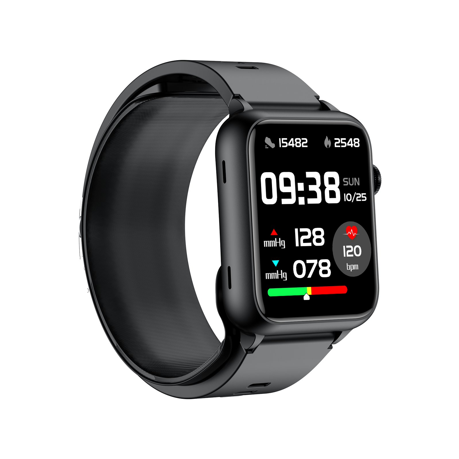 Czarny smartwatch wyświetlający godzinę, datę i wskaźniki zdrowia na czarnym tle.