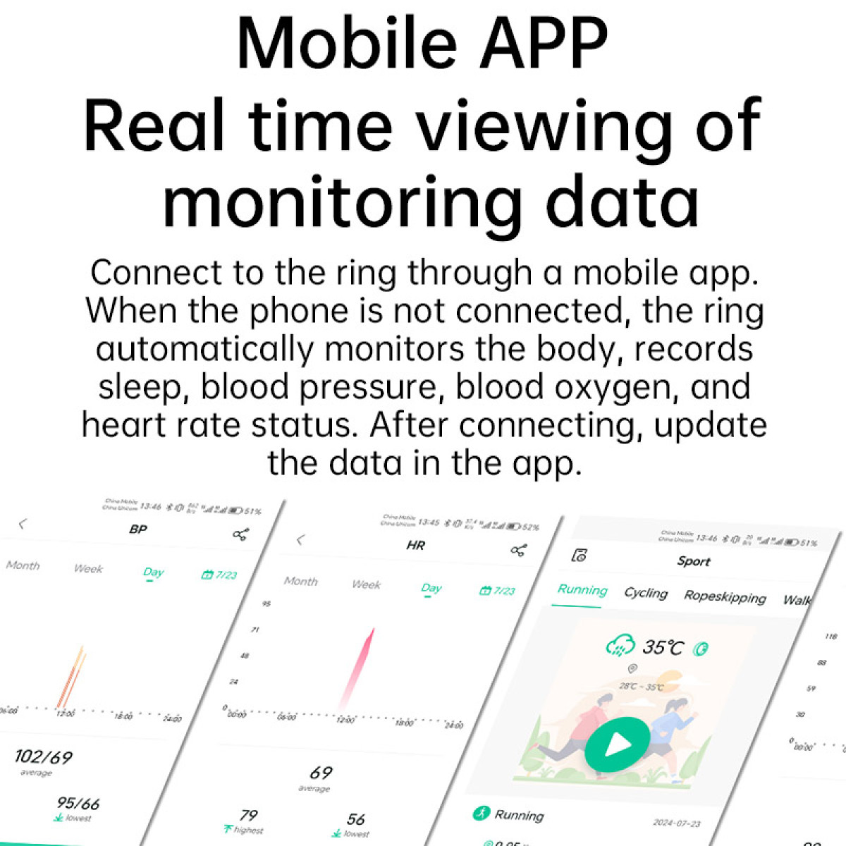 Interfejs aplikacji mobilnej wyświetlający dane zdrowotne w czasie rzeczywistym, w tym sen, ciśnienie krwi i tętno.