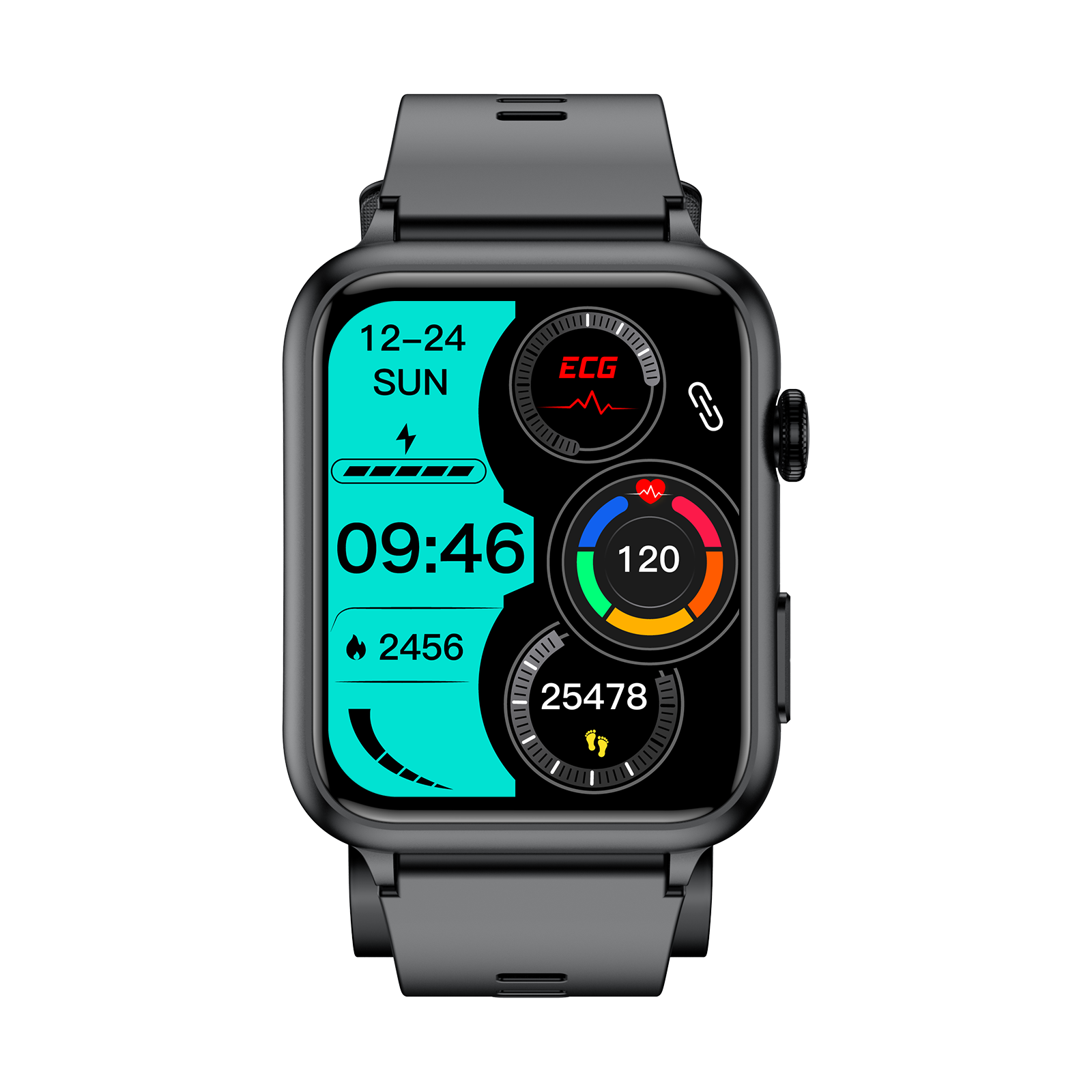 Smartwatch z czarnym paskiem, wyświetlający dane zdrowotne i zegar cyfrowy.