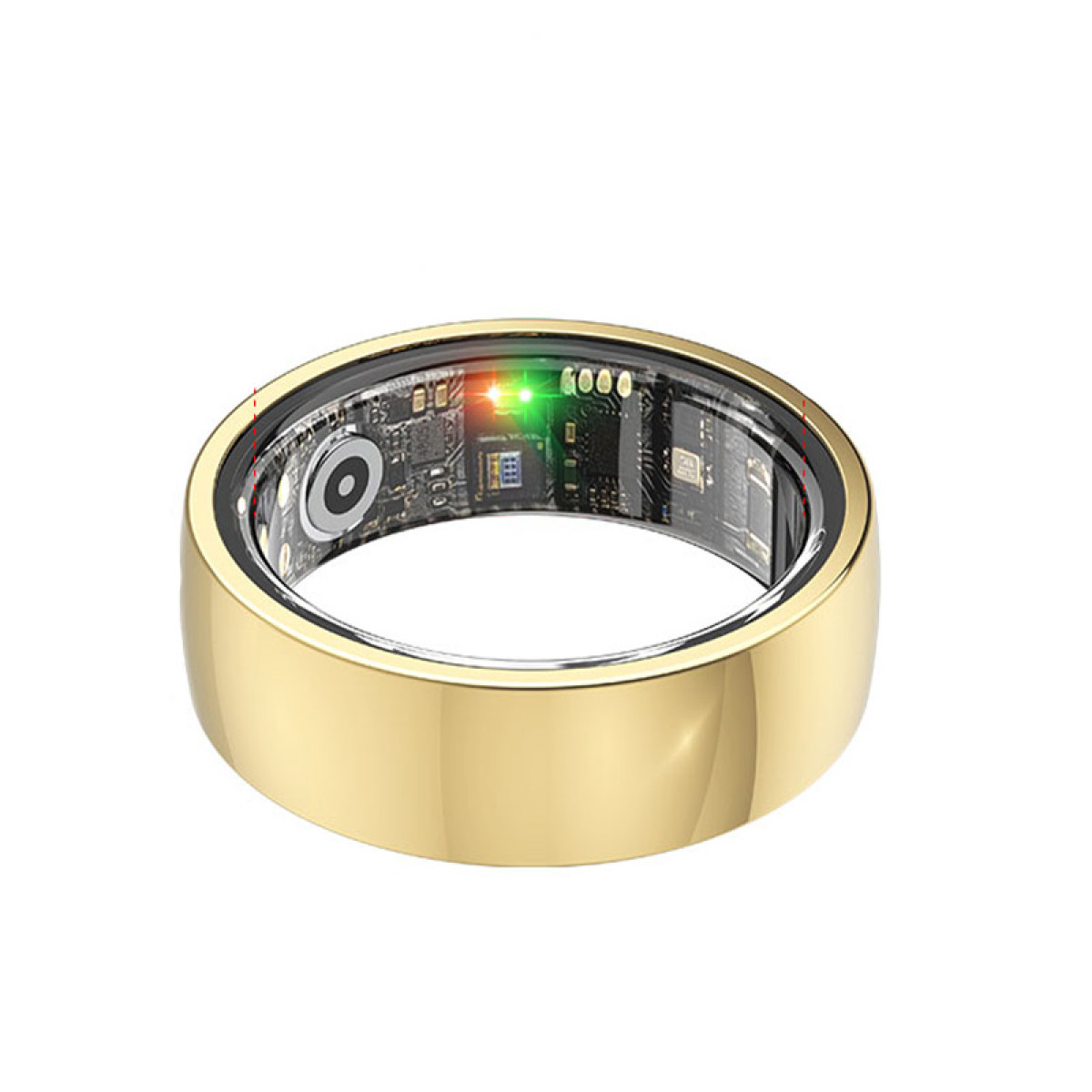 Ein intelligenter Ring mit einem goldenen Band. Der Ring hat elektronische Bauteile und ein grünes und rotes Licht.
