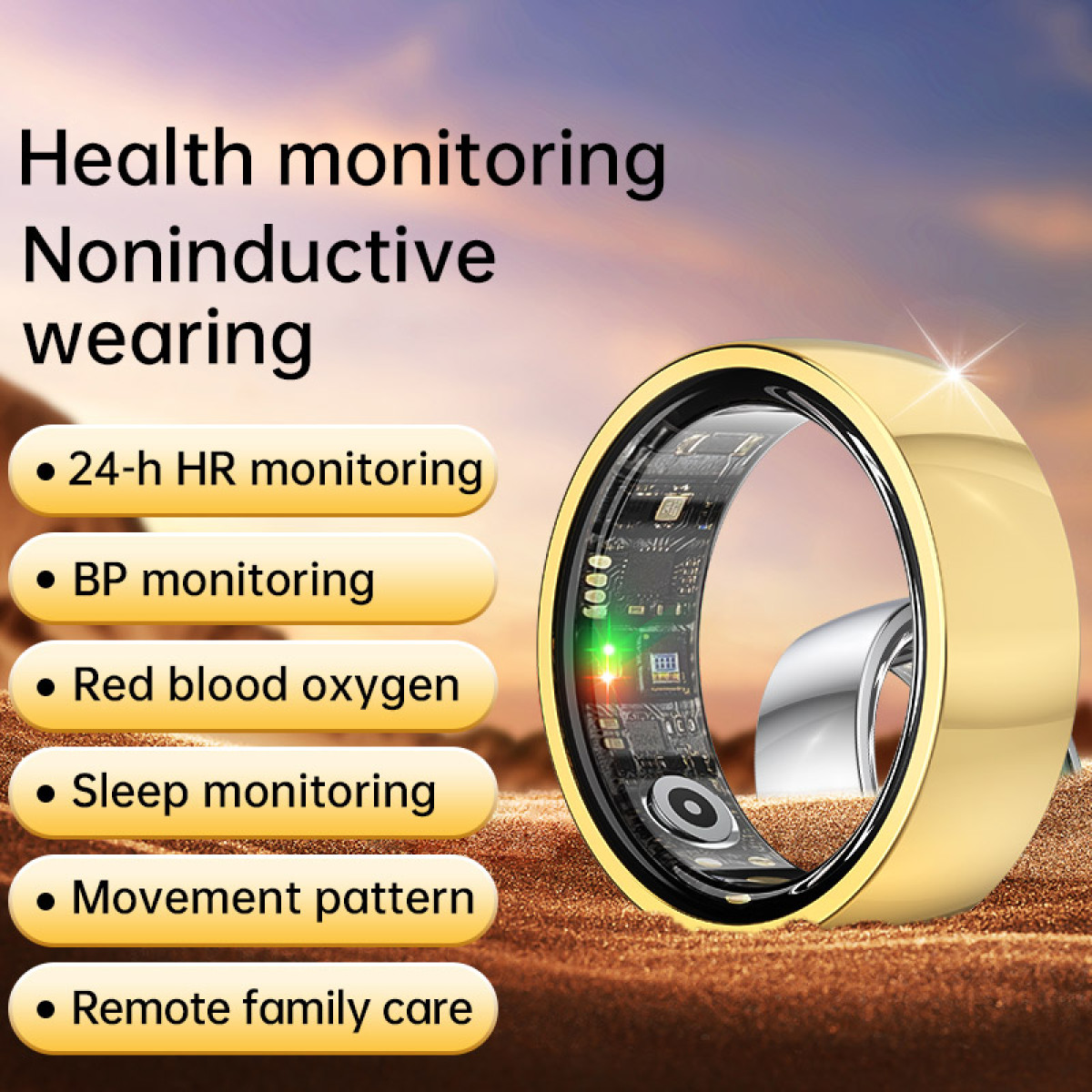 Ein goldener Ring mit Text über Gesundheitsüberwachungsfunktionen wie Herzfrequenz, Blutdruck und Schlaf.