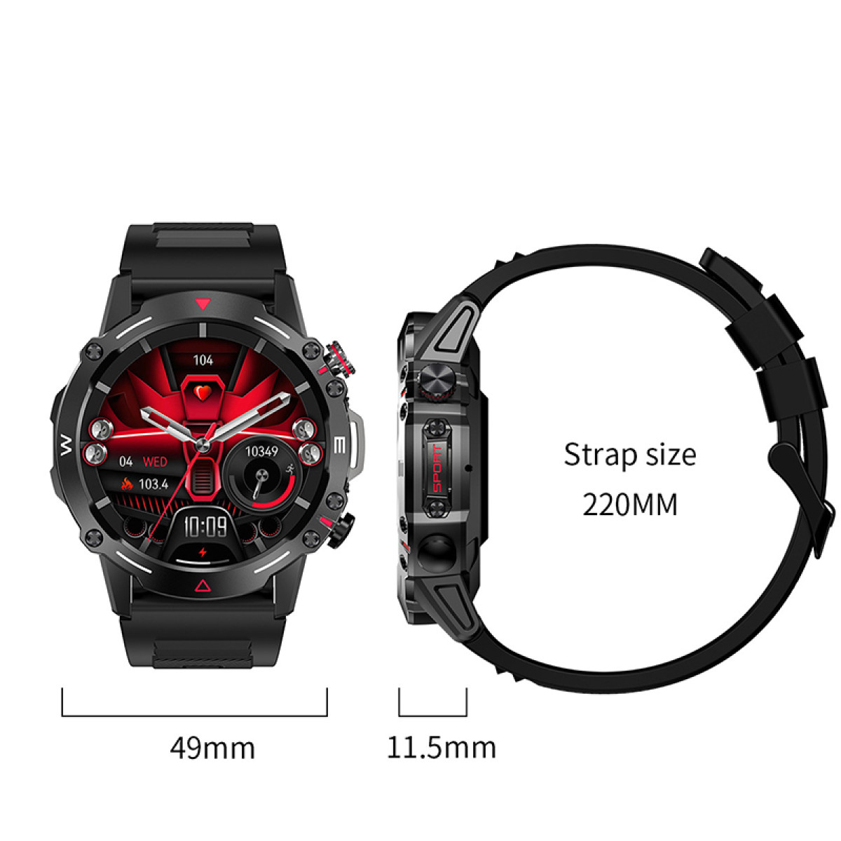 Smartwatch z czarną obudową, wyświetlający dane. Pasek jest czarny. Tekst po prawej.