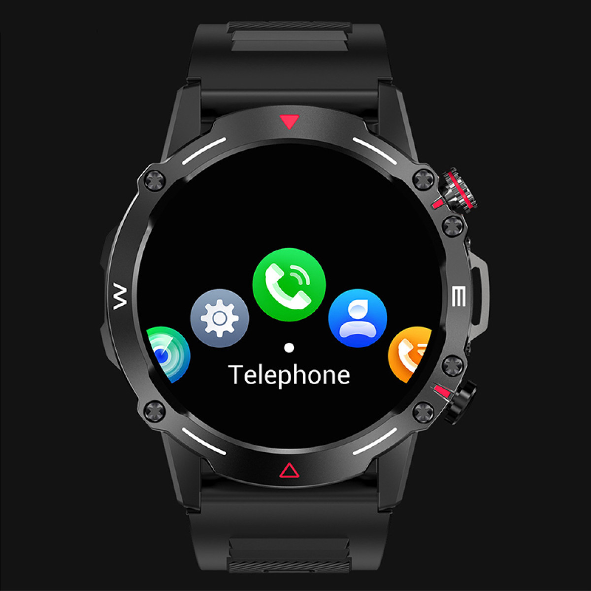 Czarny smartwatch z okrągłą tarczą, wyświetlający ikonę telefonu i inne ikony aplikacji na ciemnym tle.