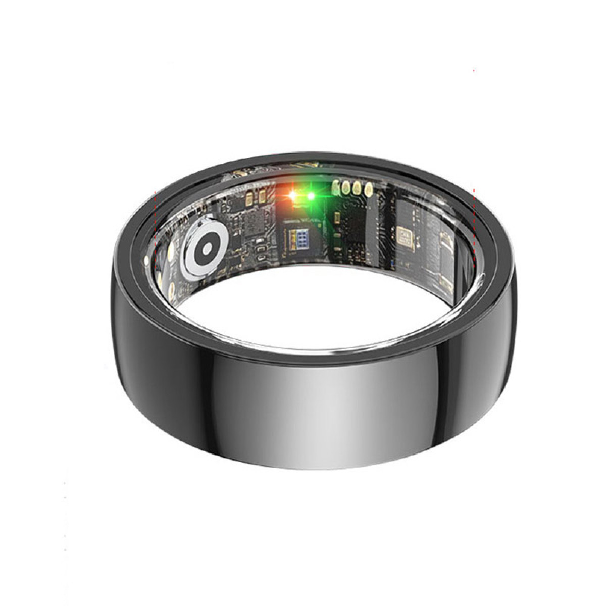 Czarny inteligentny pierścień z widoczną płytką obwodu, zielonymi i czerwonymi światłami. Pierścień jest błyszczący.